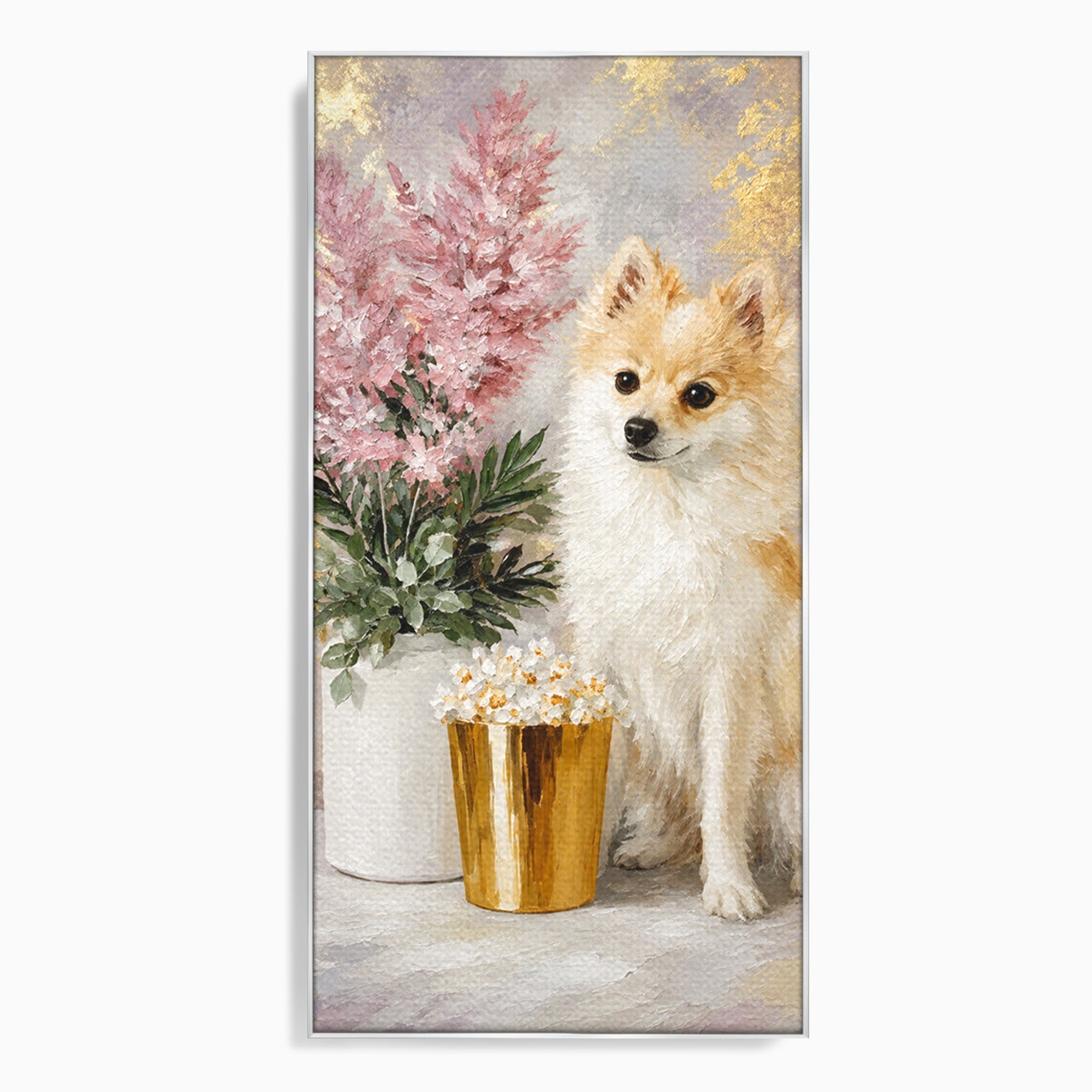 Tablou Canvas Premium LuxCanva® M1623, Pomeranian Cu Flori, Pomeranian, Flori, Animal, Decor, Living, Culori Vibrante