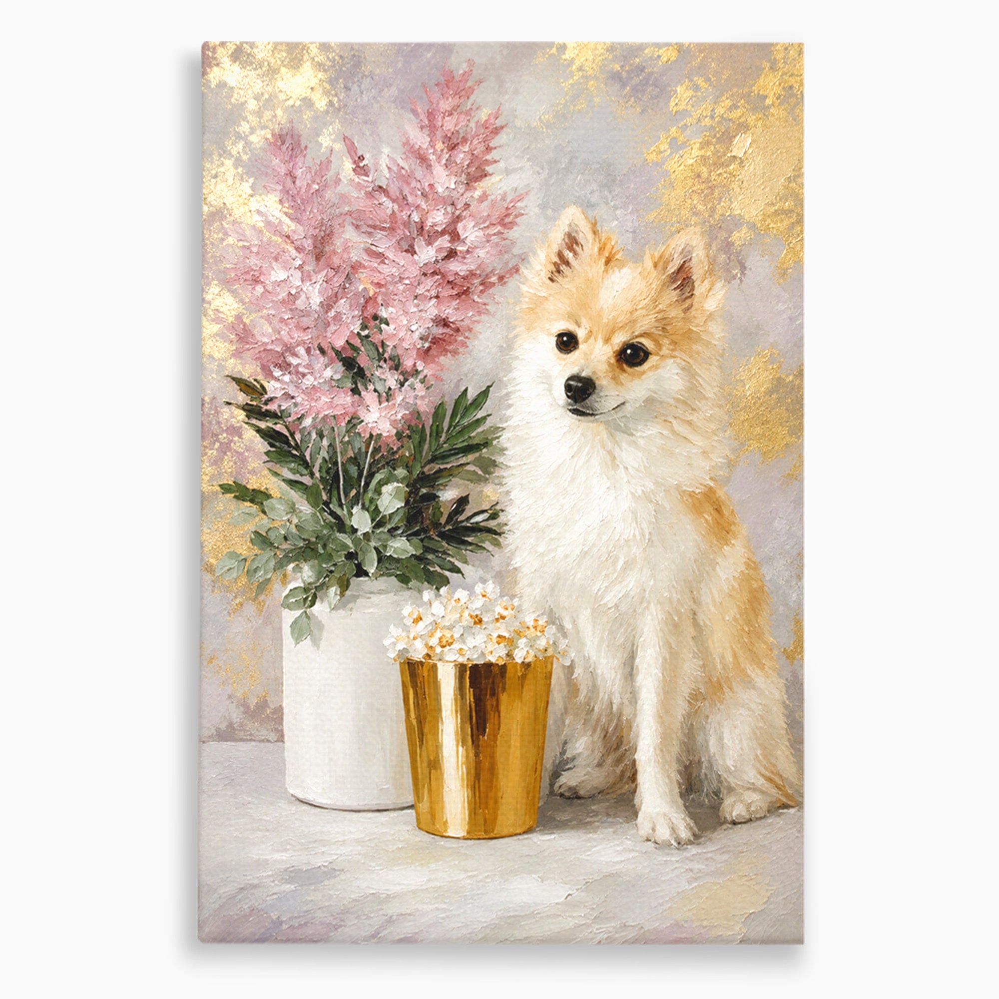 Tablou Canvas Premium LuxCanva® M1623, Pomeranian Cu Flori, Pomeranian, Flori, Animal, Decor, Living, Culori Vibrante