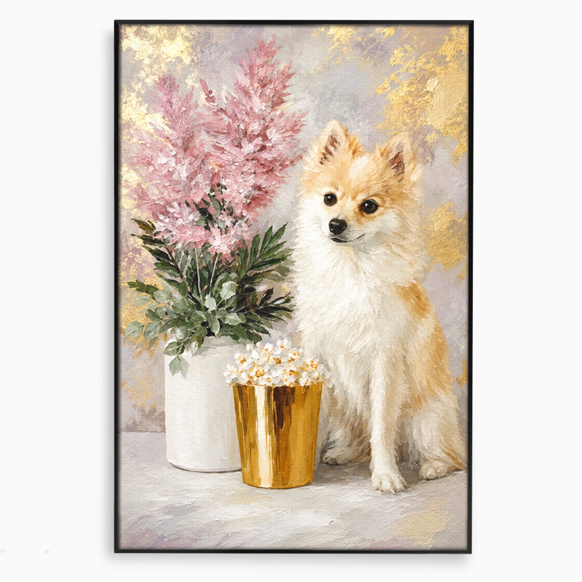 Tablou Canvas Premium LuxCanva® M1623, Pomeranian Cu Flori, Pomeranian, Flori, Animal, Decor, Living, Culori Vibrante