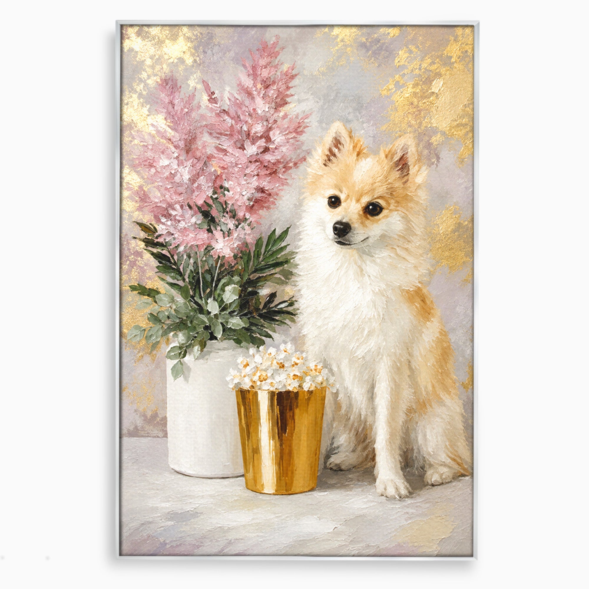 Tablou Canvas Premium LuxCanva® M1623, Pomeranian Cu Flori, Pomeranian, Flori, Animal, Decor, Living, Culori Vibrante