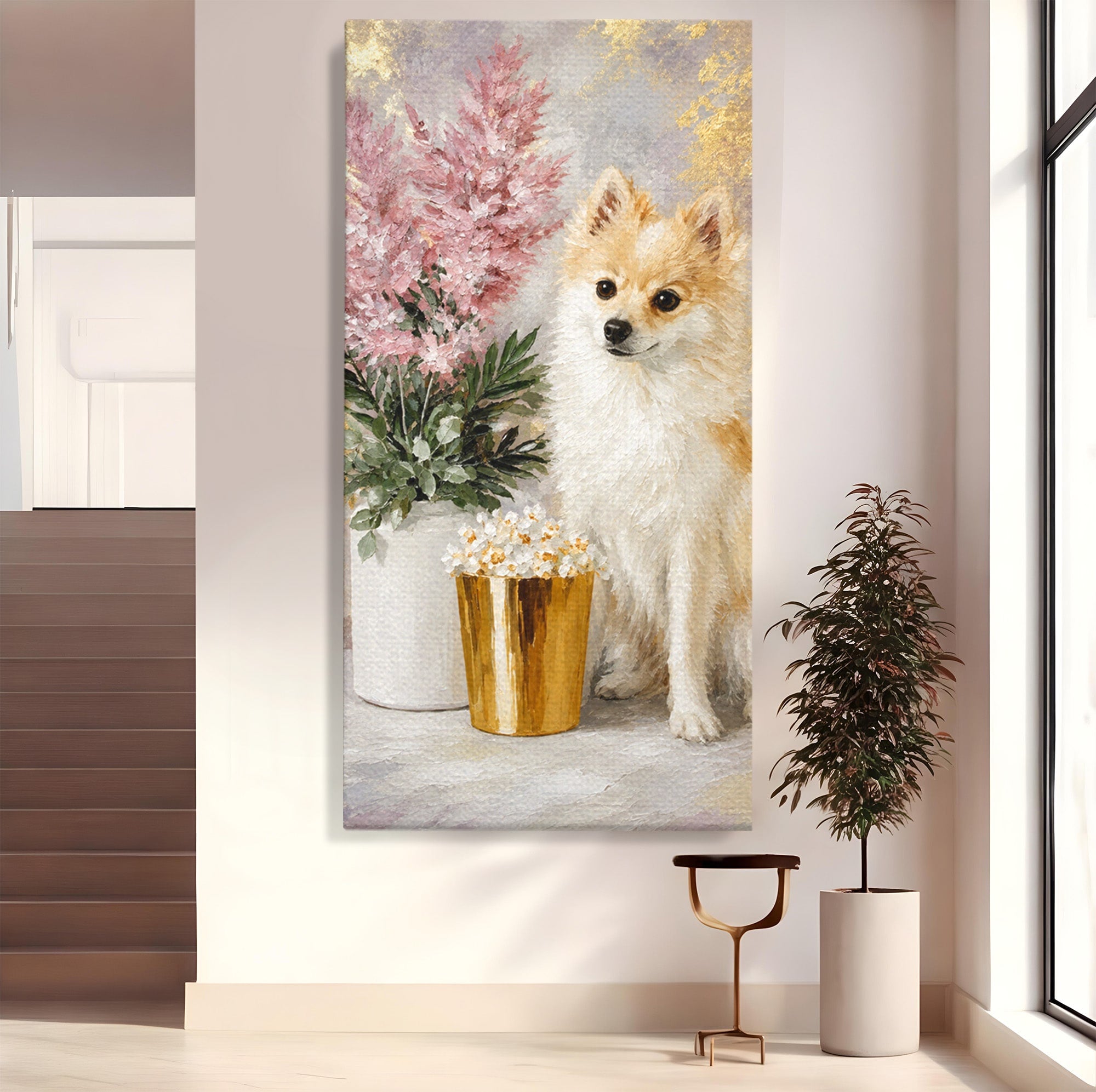 Tablou Canvas Premium LuxCanva® M1623, Pomeranian Cu Flori, Pomeranian, Flori, Animal, Decor, Living, Culori Vibrante