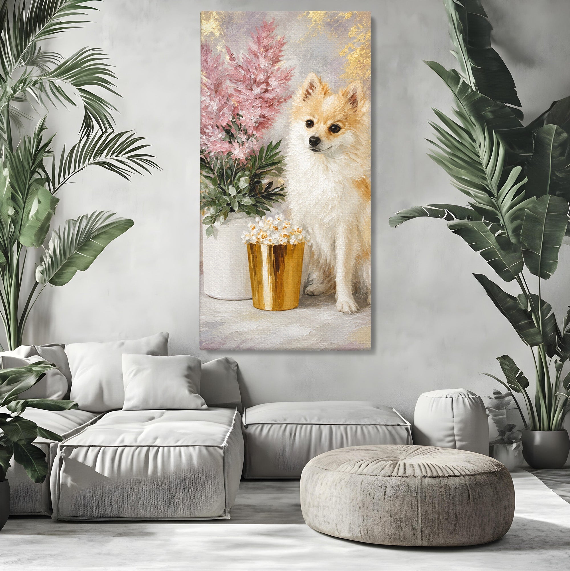Tablou Canvas Premium LuxCanva® M1623, Pomeranian Cu Flori, Pomeranian, Flori, Animal, Decor, Living, Culori Vibrante