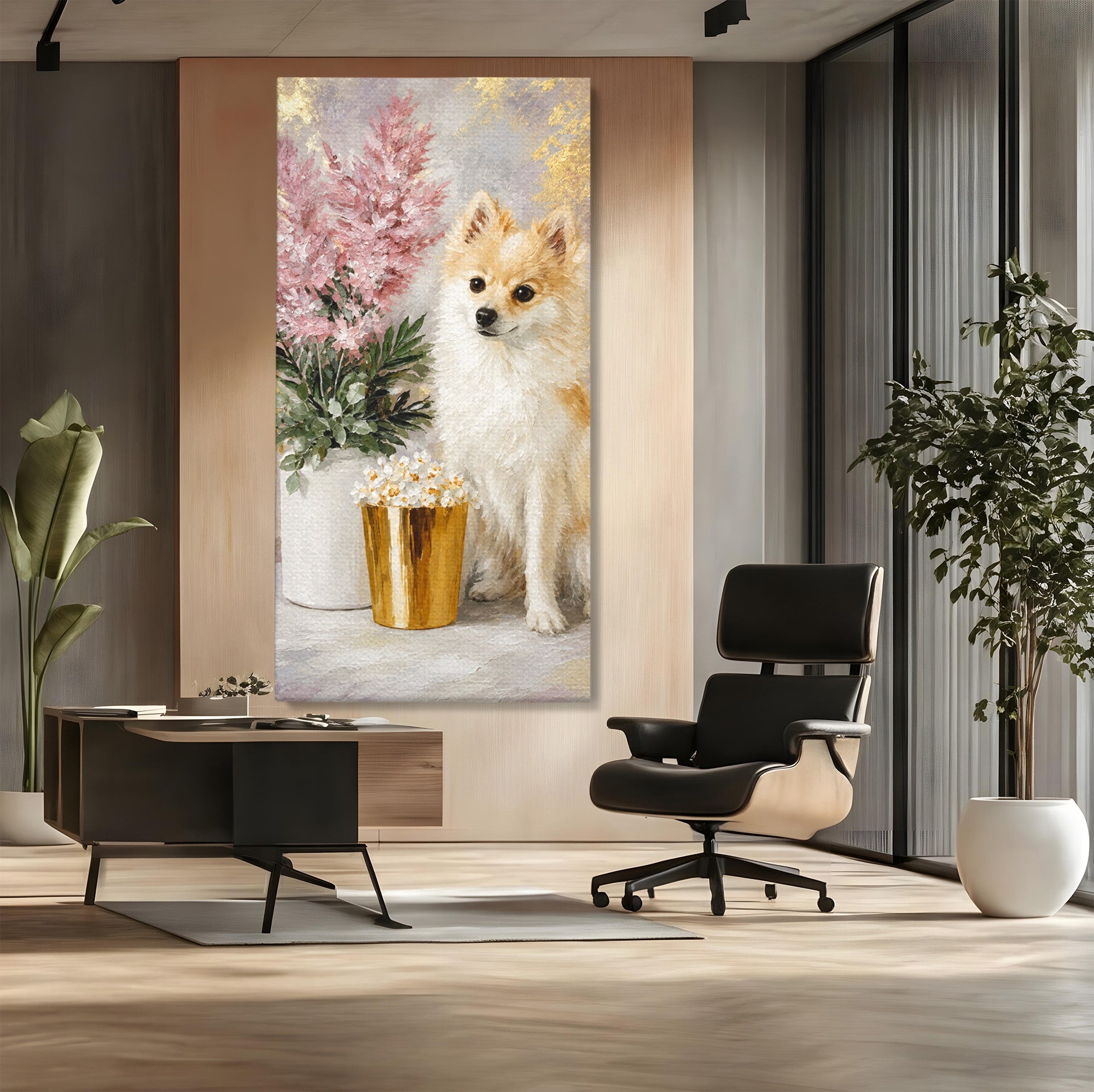 Tablou Canvas Premium LuxCanva® M1623, Pomeranian Cu Flori, Pomeranian, Flori, Animal, Decor, Living, Culori Vibrante