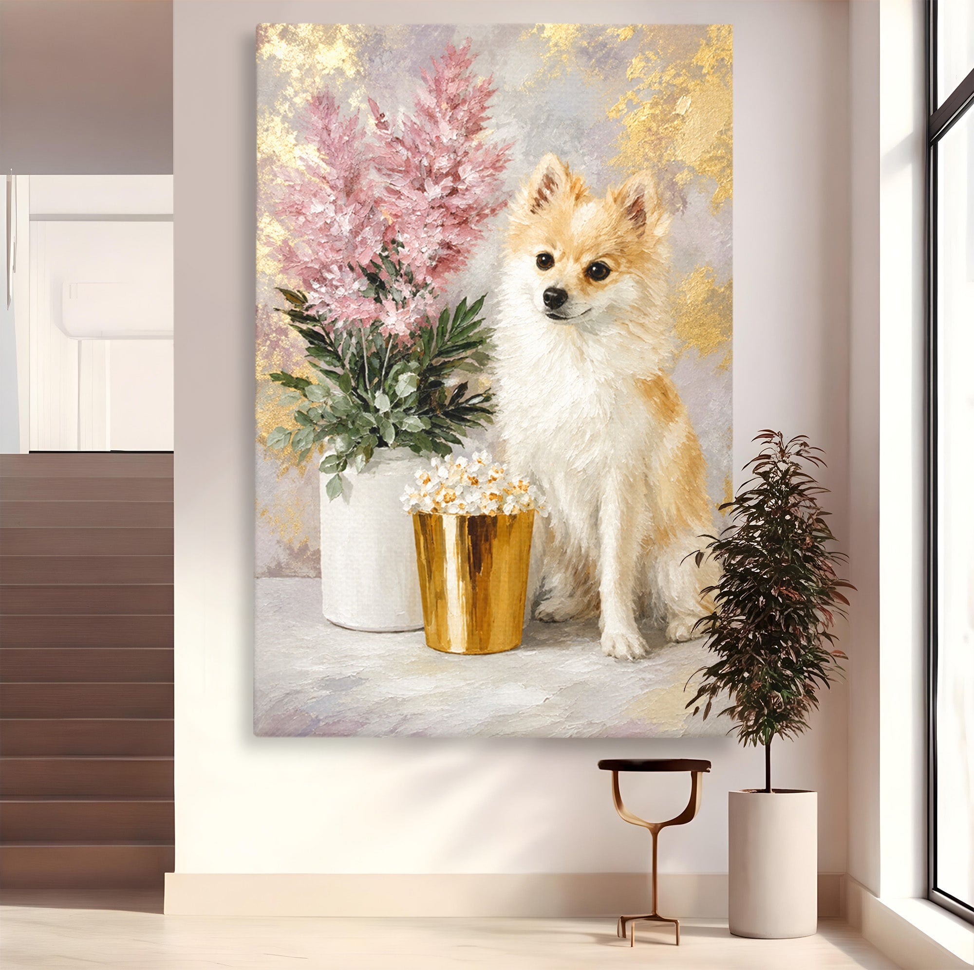 Tablou Canvas Premium LuxCanva® M1623, Pomeranian Cu Flori, Pomeranian, Flori, Animal, Decor, Living, Culori Vibrante