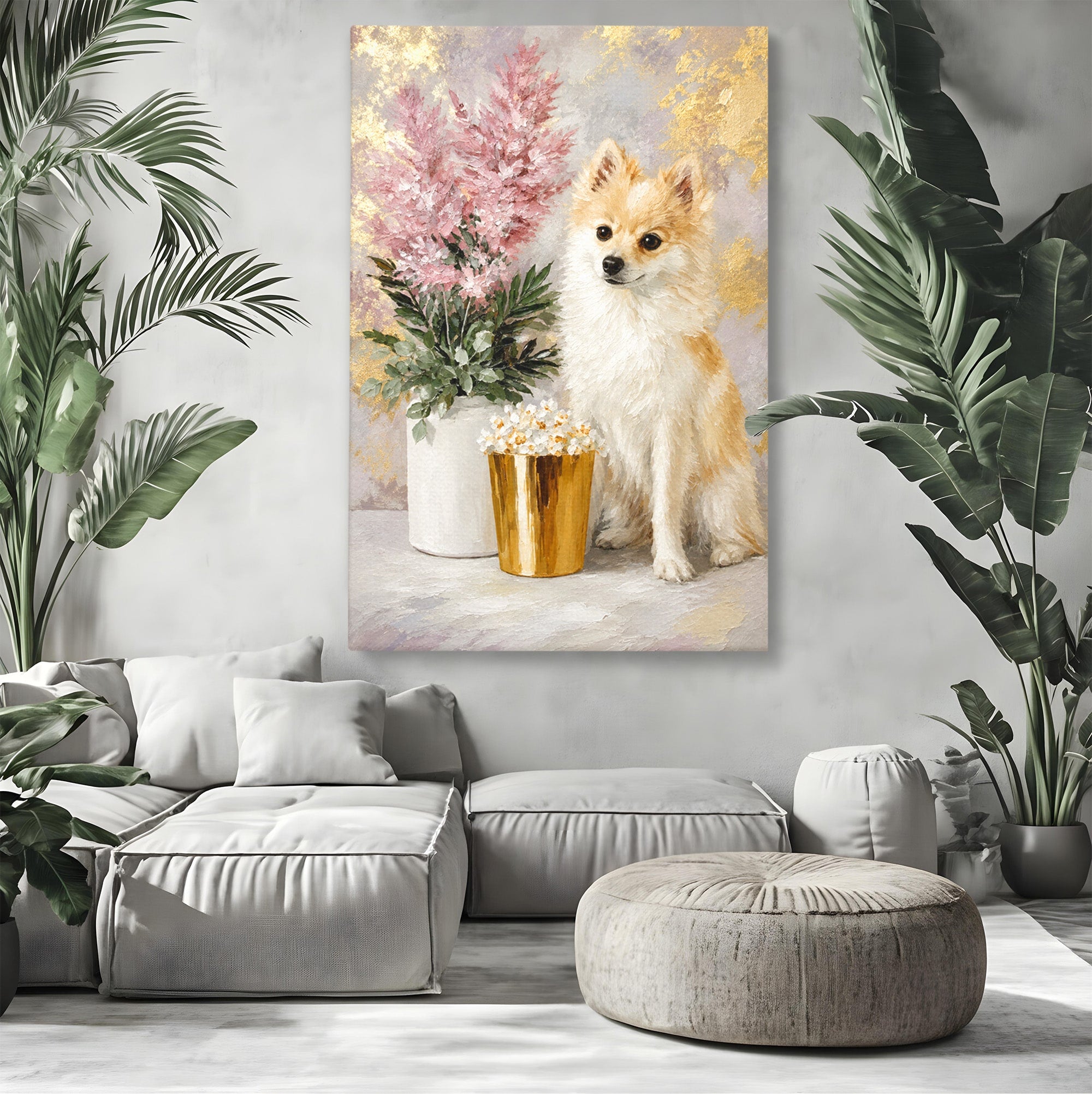 Tablou Canvas Premium LuxCanva® M1623, Pomeranian Cu Flori, Pomeranian, Flori, Animal, Decor, Living, Culori Vibrante