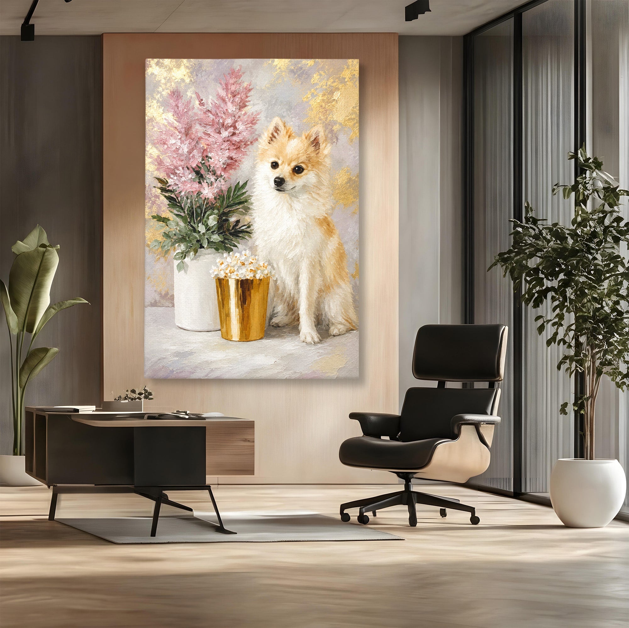 Tablou Canvas Premium LuxCanva® M1623, Pomeranian Cu Flori, Pomeranian, Flori, Animal, Decor, Living, Culori Vibrante