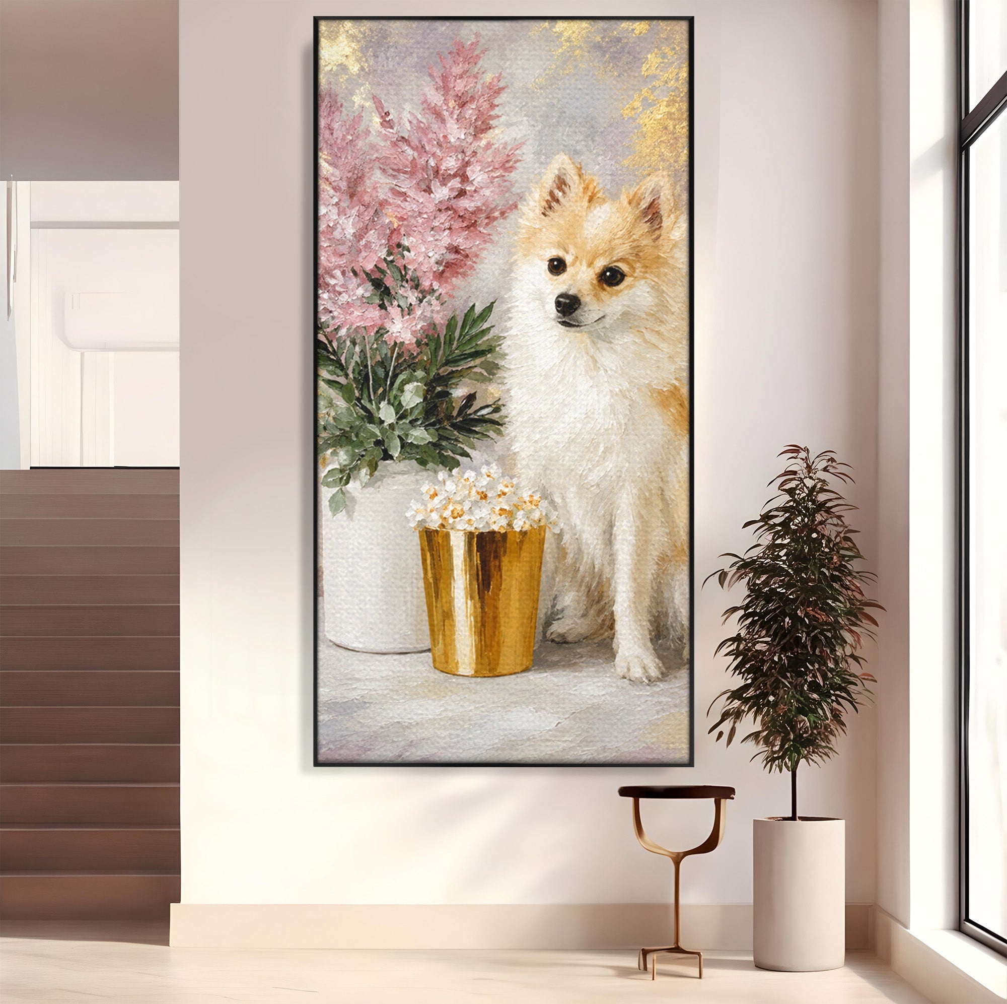 Tablou Canvas Premium LuxCanva® M1623, Pomeranian Cu Flori, Pomeranian, Flori, Animal, Decor, Living, Culori Vibrante