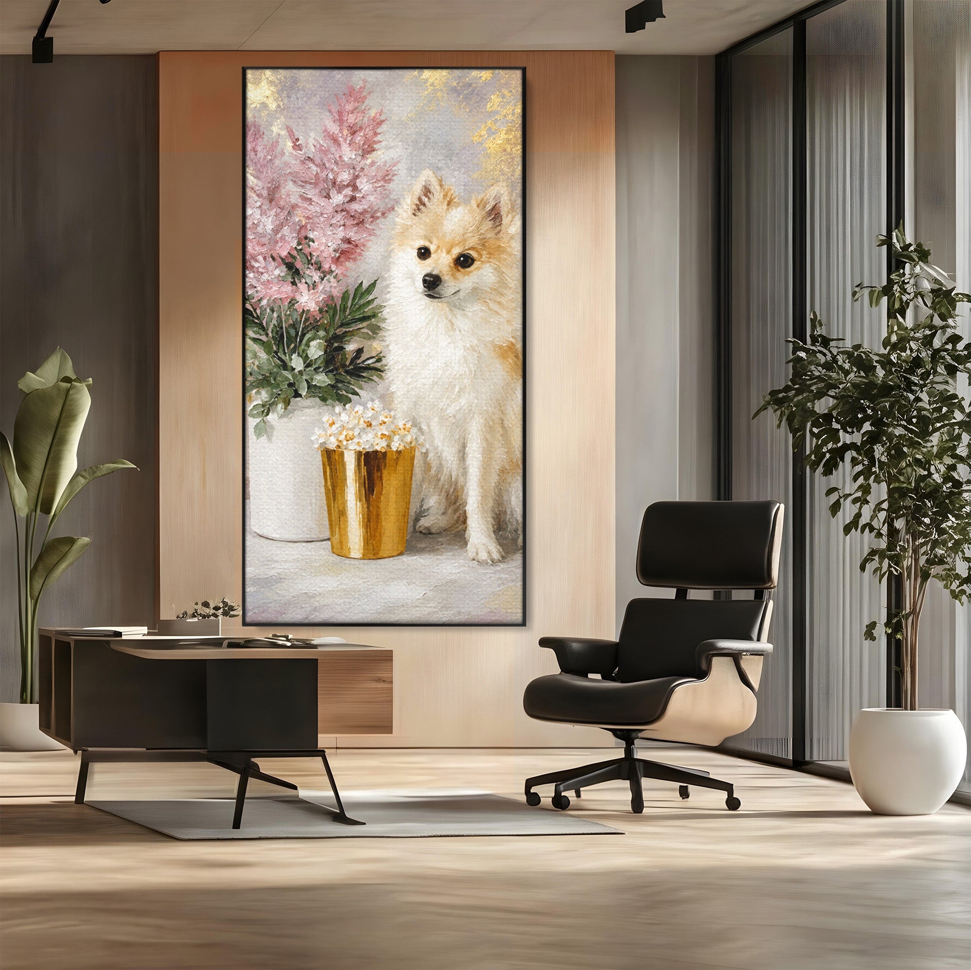 Tablou Canvas Premium LuxCanva® M1623, Pomeranian Cu Flori, Pomeranian, Flori, Animal, Decor, Living, Culori Vibrante