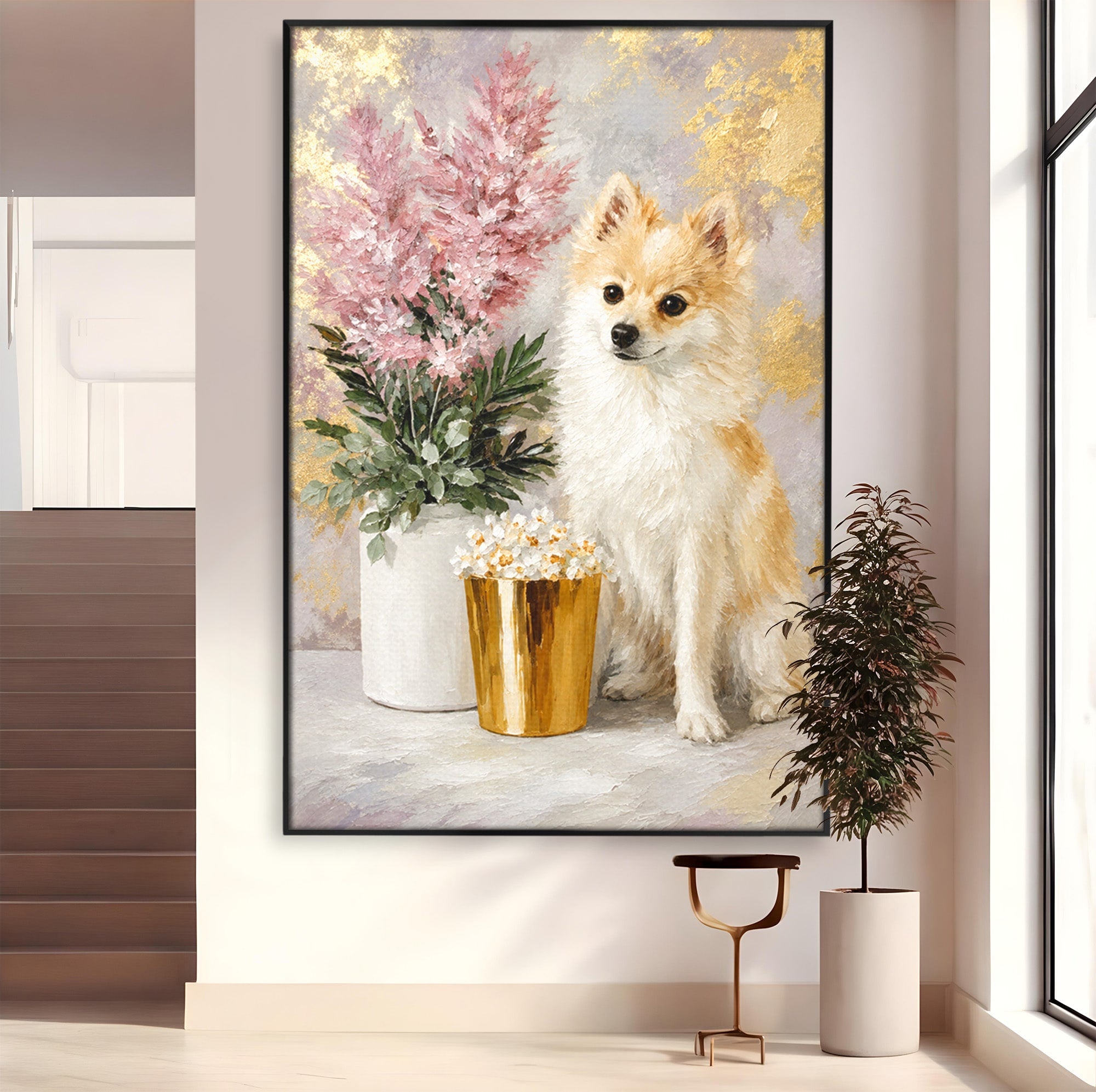 Tablou Canvas Premium LuxCanva® M1623, Pomeranian Cu Flori, Pomeranian, Flori, Animal, Decor, Living, Culori Vibrante