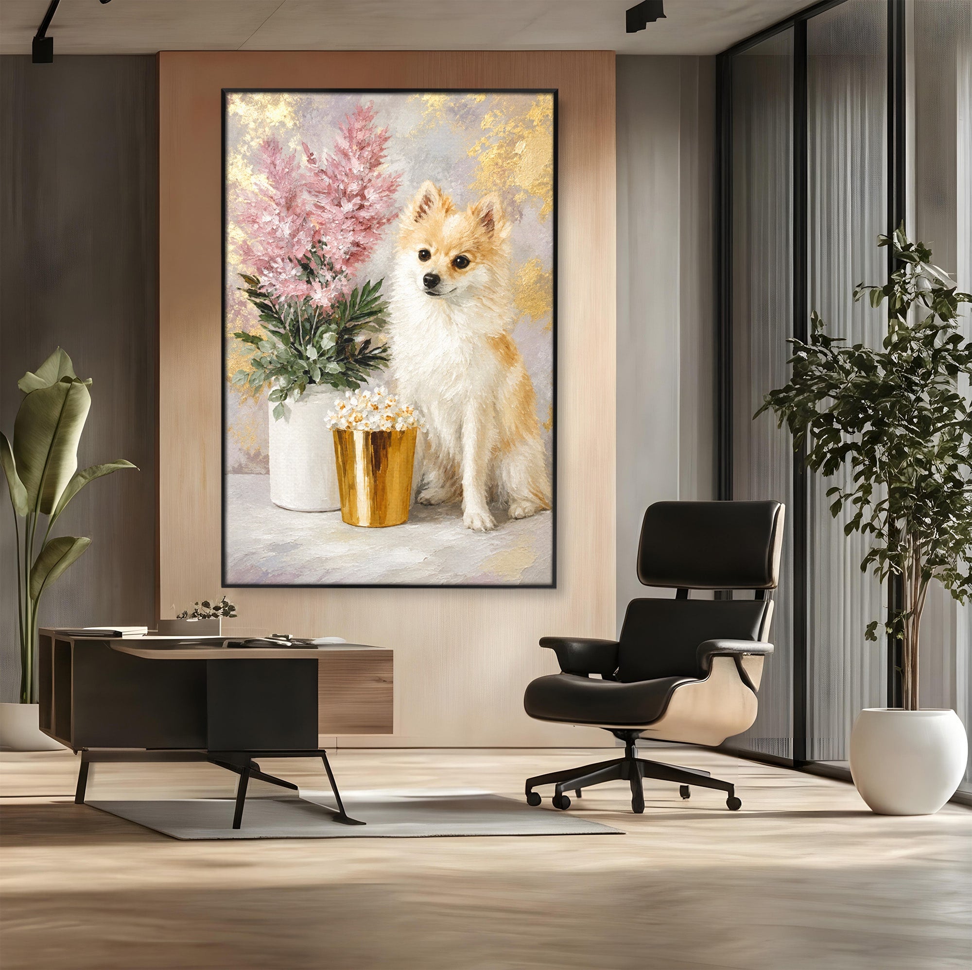 Tablou Canvas Premium LuxCanva® M1623, Pomeranian Cu Flori, Pomeranian, Flori, Animal, Decor, Living, Culori Vibrante
