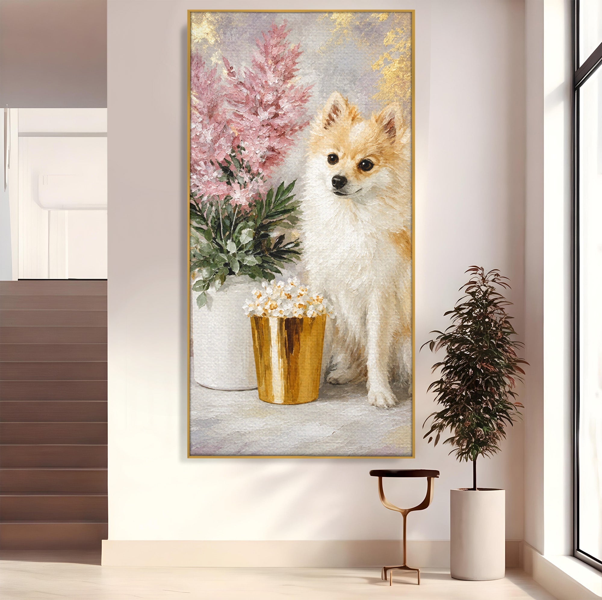 Tablou Canvas Premium LuxCanva® M1623, Pomeranian Cu Flori, Pomeranian, Flori, Animal, Decor, Living, Culori Vibrante