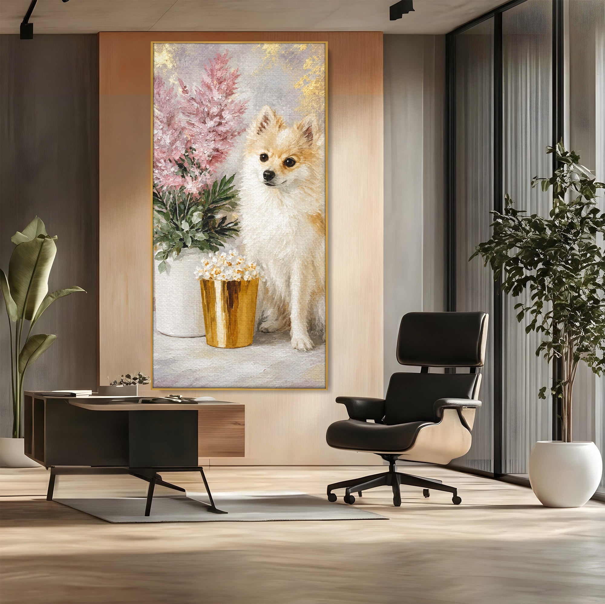 Tablou Canvas Premium LuxCanva® M1623, Pomeranian Cu Flori, Pomeranian, Flori, Animal, Decor, Living, Culori Vibrante