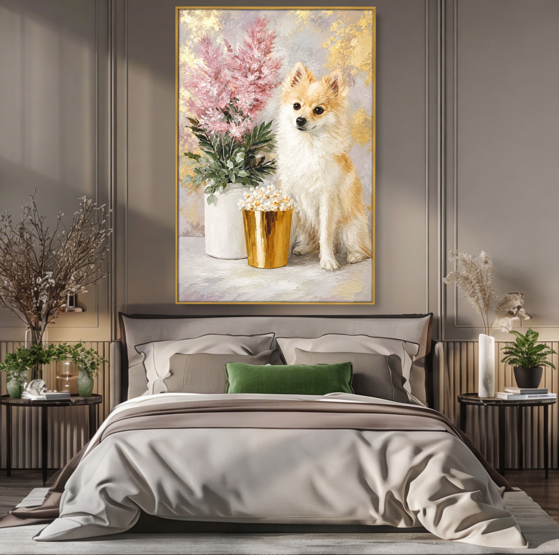 Tablou Canvas Premium LuxCanva® M1623, Pomeranian Cu Flori, Pomeranian, Flori, Animal, Decor, Living, Culori Vibrante