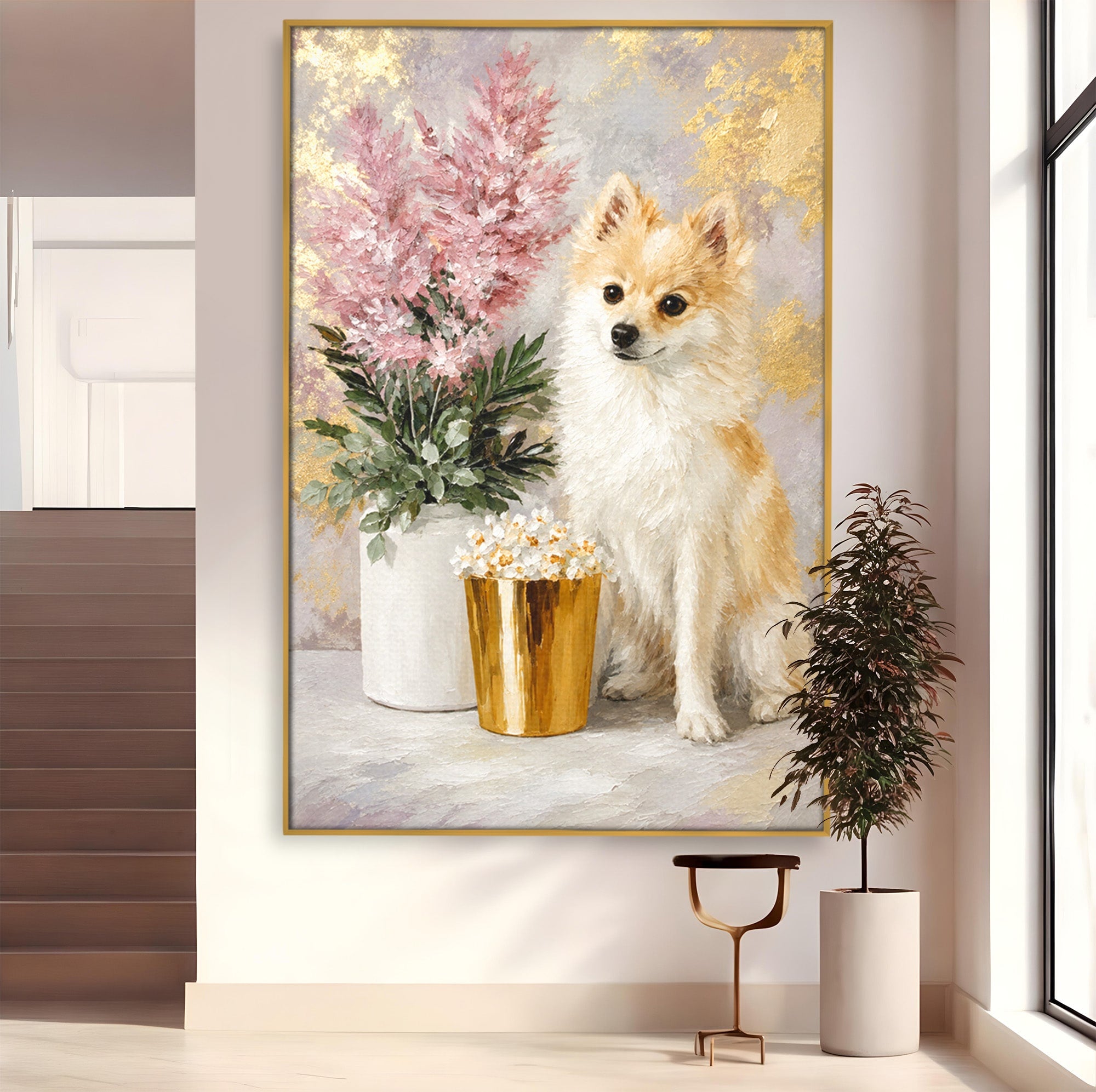 Tablou Canvas Premium LuxCanva® M1623, Pomeranian Cu Flori, Pomeranian, Flori, Animal, Decor, Living, Culori Vibrante