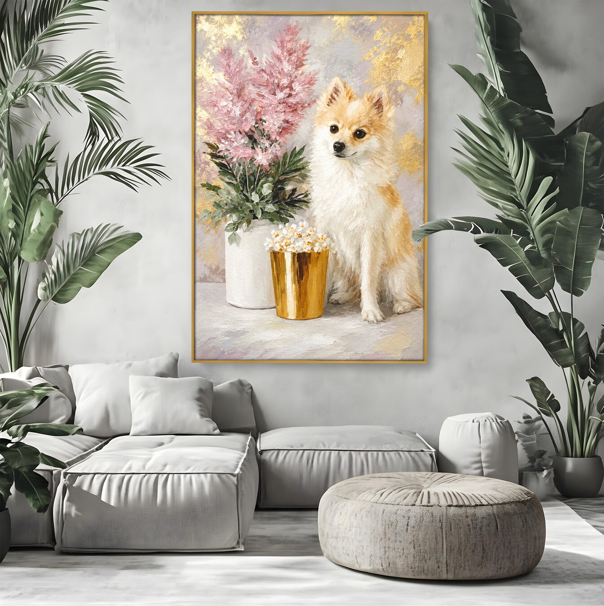 Tablou Canvas Premium LuxCanva® M1623, Pomeranian Cu Flori, Pomeranian, Flori, Animal, Decor, Living, Culori Vibrante