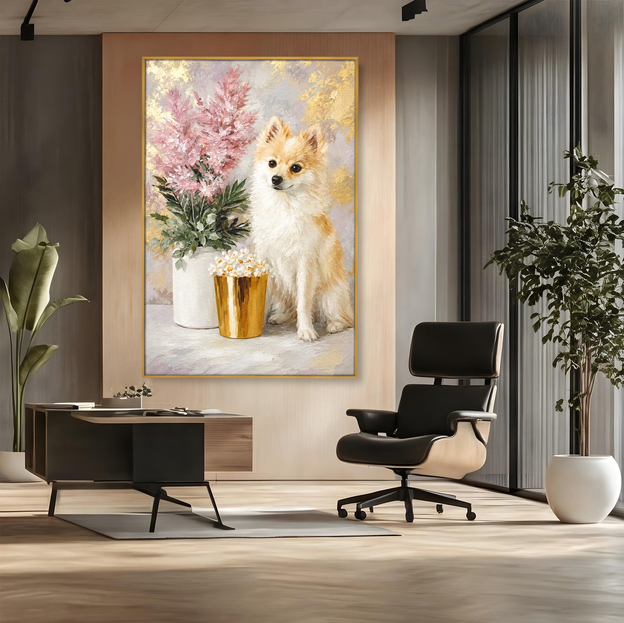 Tablou Canvas Premium LuxCanva® M1623, Pomeranian Cu Flori, Pomeranian, Flori, Animal, Decor, Living, Culori Vibrante