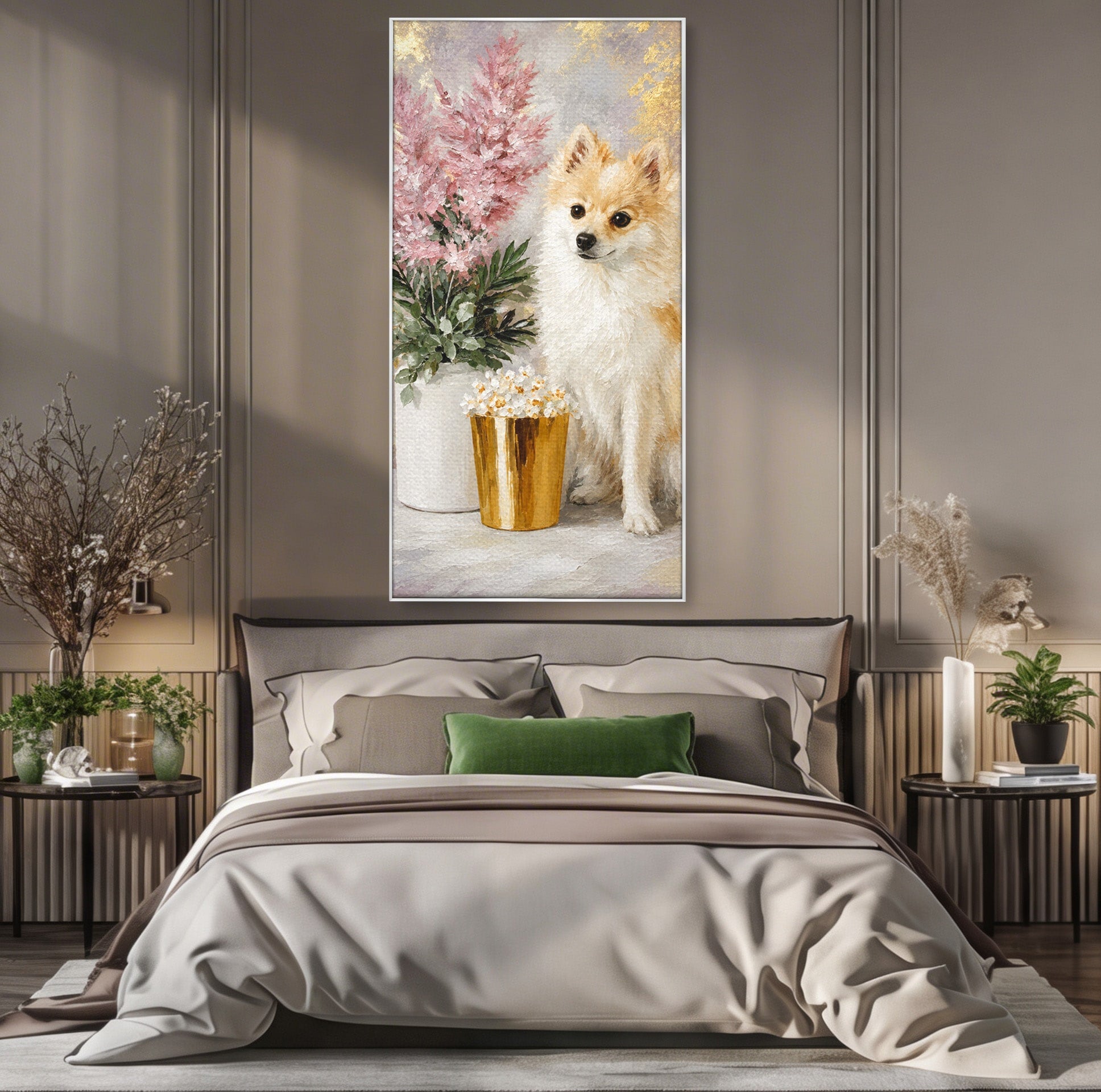 Tablou Canvas Premium LuxCanva® M1623, Pomeranian Cu Flori, Pomeranian, Flori, Animal, Decor, Living, Culori Vibrante