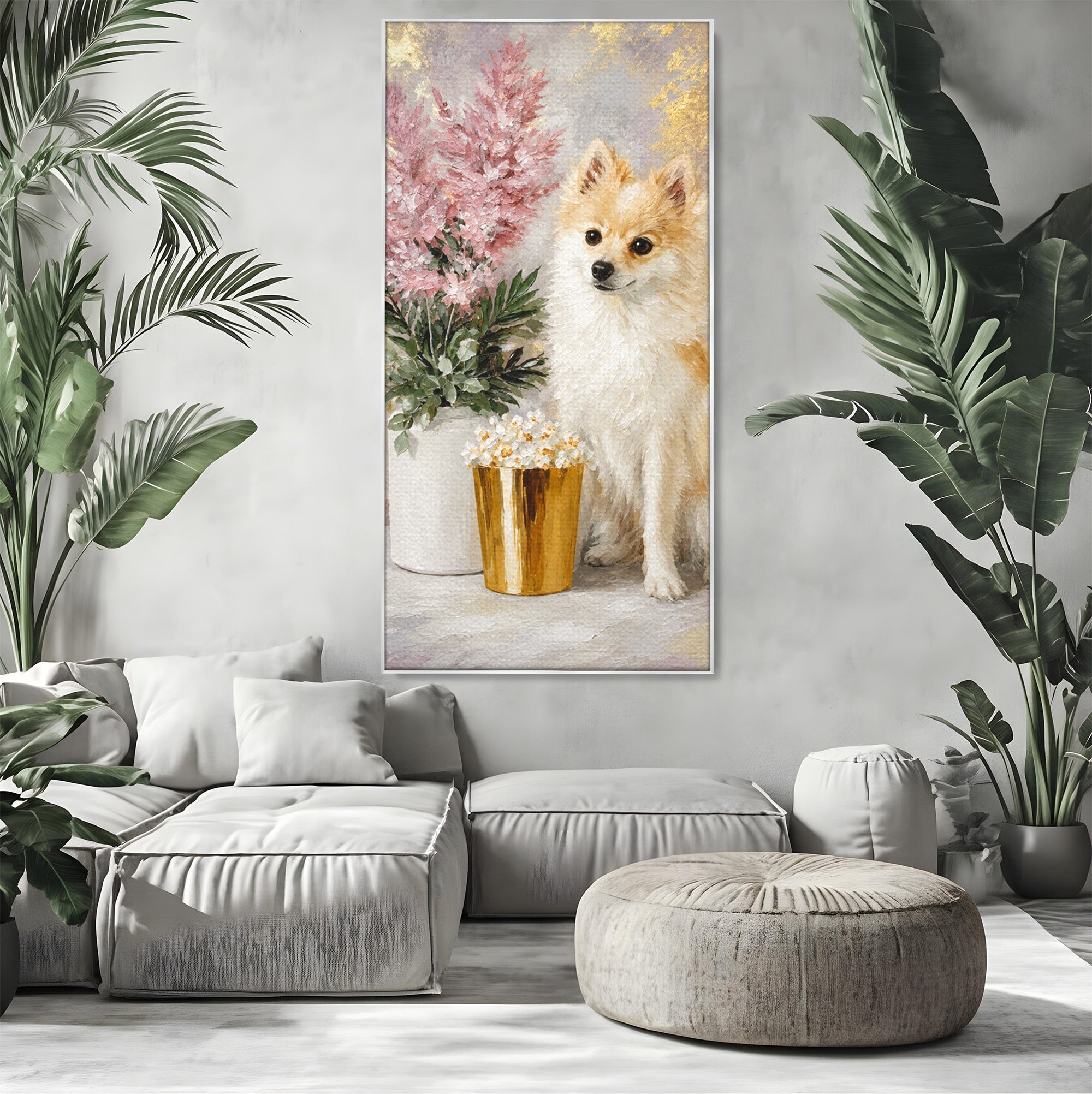 Tablou Canvas Premium LuxCanva® M1623, Pomeranian Cu Flori, Pomeranian, Flori, Animal, Decor, Living, Culori Vibrante