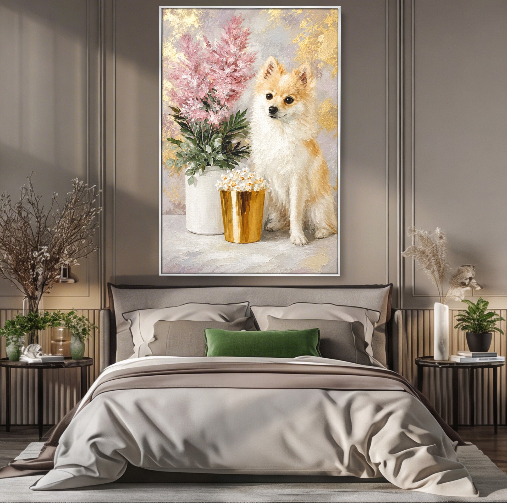 Tablou Canvas Premium LuxCanva® M1623, Pomeranian Cu Flori, Pomeranian, Flori, Animal, Decor, Living, Culori Vibrante