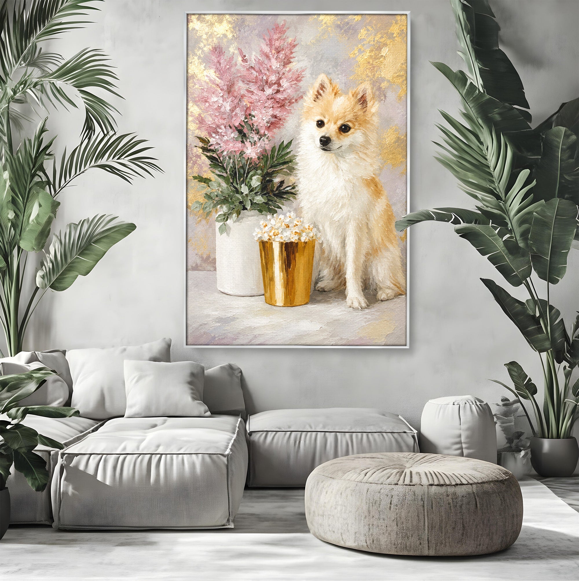 Tablou Canvas Premium LuxCanva® M1623, Pomeranian Cu Flori, Pomeranian, Flori, Animal, Decor, Living, Culori Vibrante