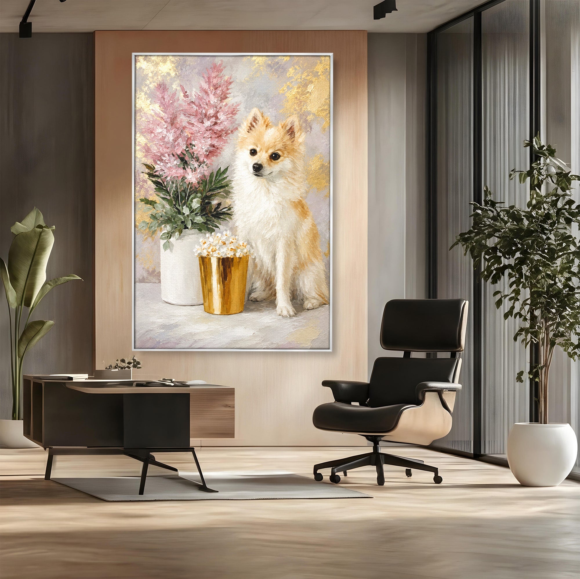 Tablou Canvas Premium LuxCanva® M1623, Pomeranian Cu Flori, Pomeranian, Flori, Animal, Decor, Living, Culori Vibrante