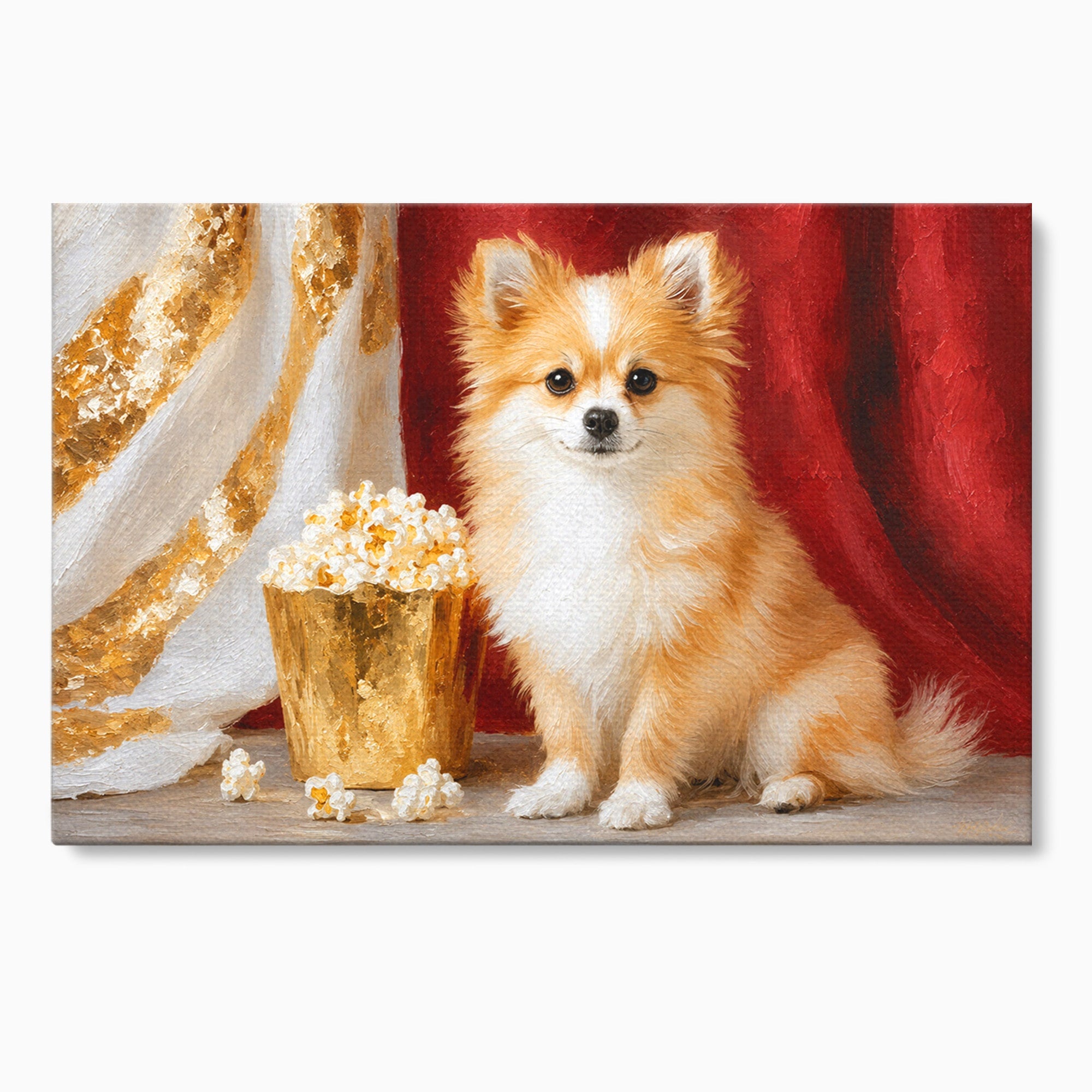 Tablou Canvas Premium LuxCanva® M1624, Catelus Cu Popcorn, Catelus, Popcorn, Animal, Living, Decorativ, Culori Vibrante