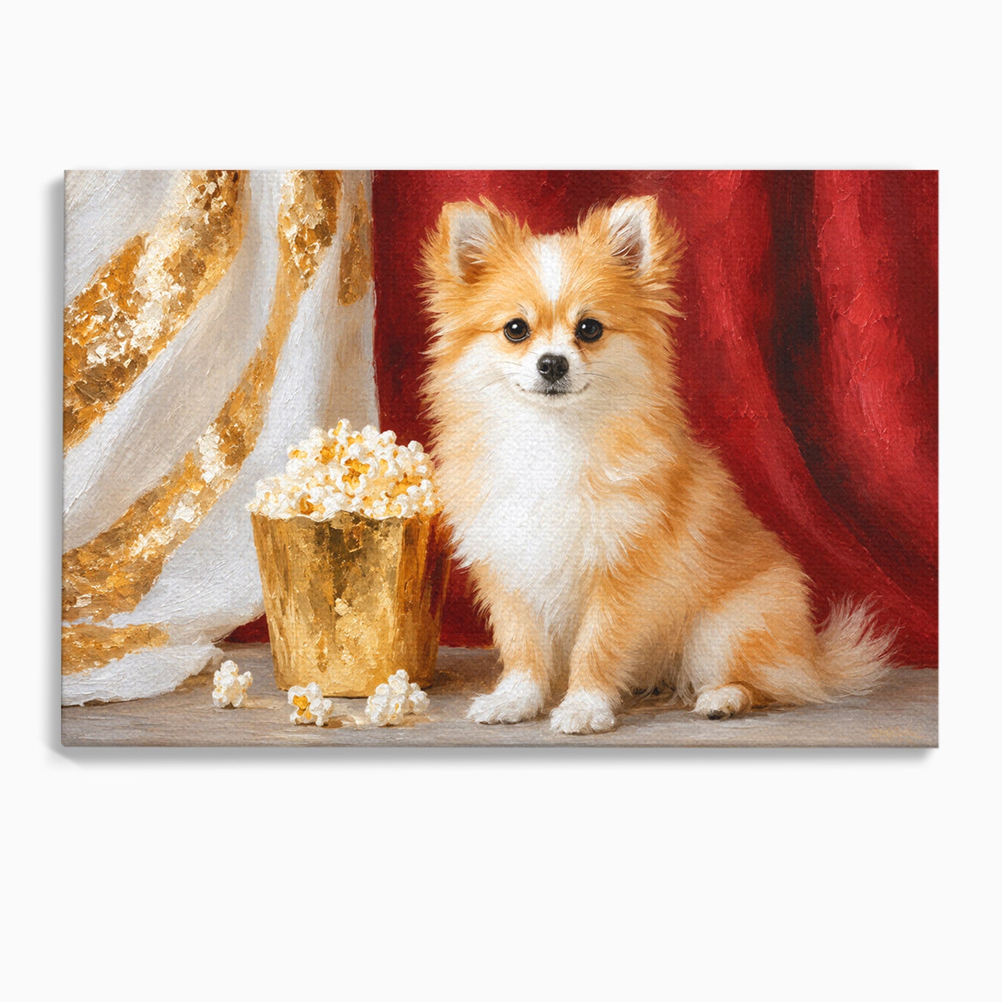 Tablou Canvas Premium LuxCanva® M1624, Catelus Cu Popcorn, Catelus, Popcorn, Animal, Living, Decorativ, Culori Vibrante