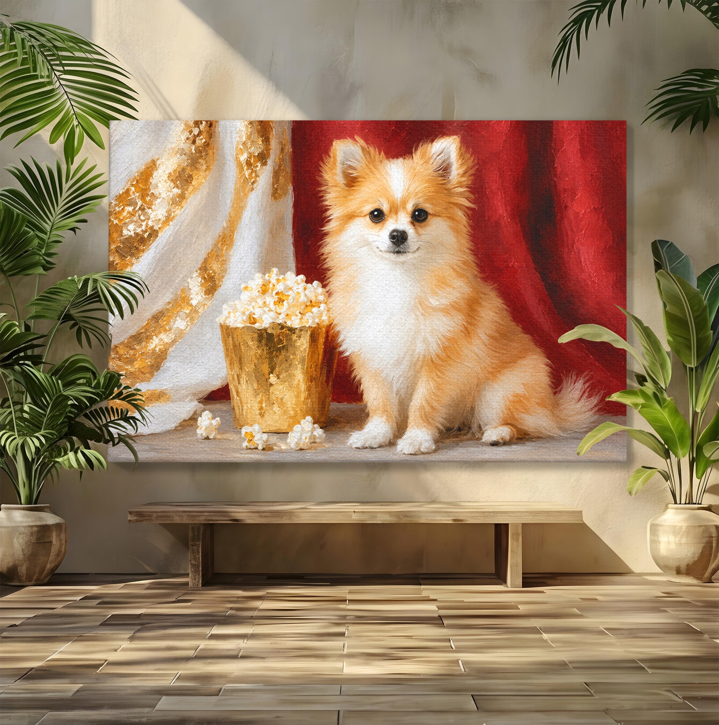 Tablou Canvas Premium LuxCanva® M1624, Catelus Cu Popcorn, Catelus, Popcorn, Animal, Living, Decorativ, Culori Vibrante