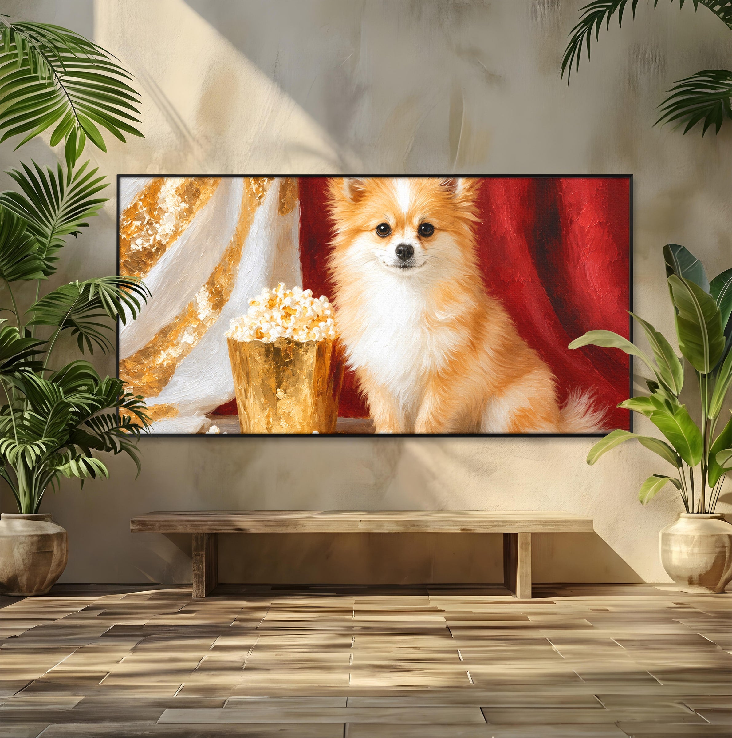 Tablou Canvas Premium LuxCanva® M1624, Catelus Cu Popcorn, Catelus, Popcorn, Animal, Living, Decorativ, Culori Vibrante