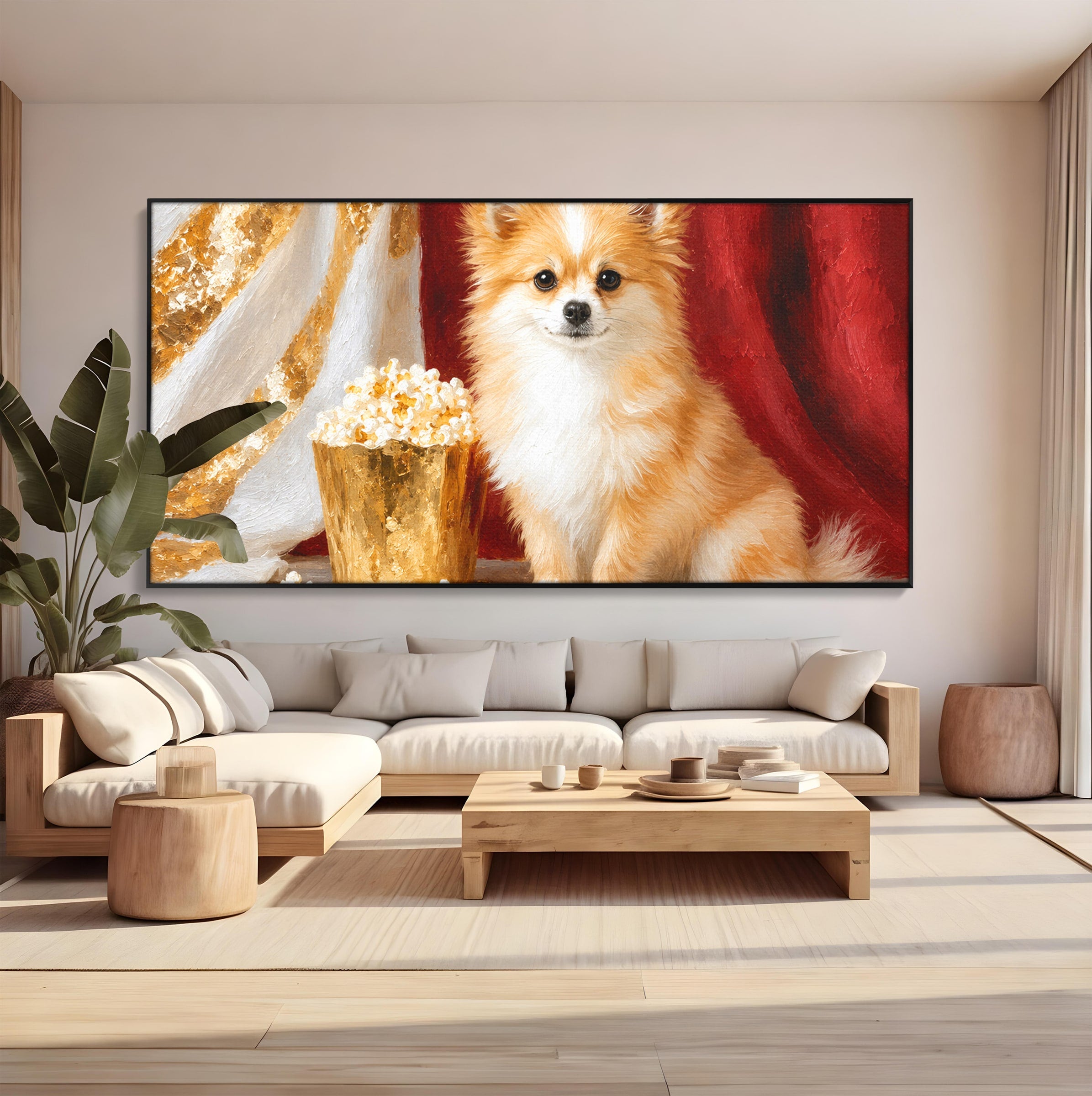 Tablou Canvas Premium LuxCanva® M1624, Catelus Cu Popcorn, Catelus, Popcorn, Animal, Living, Decorativ, Culori Vibrante