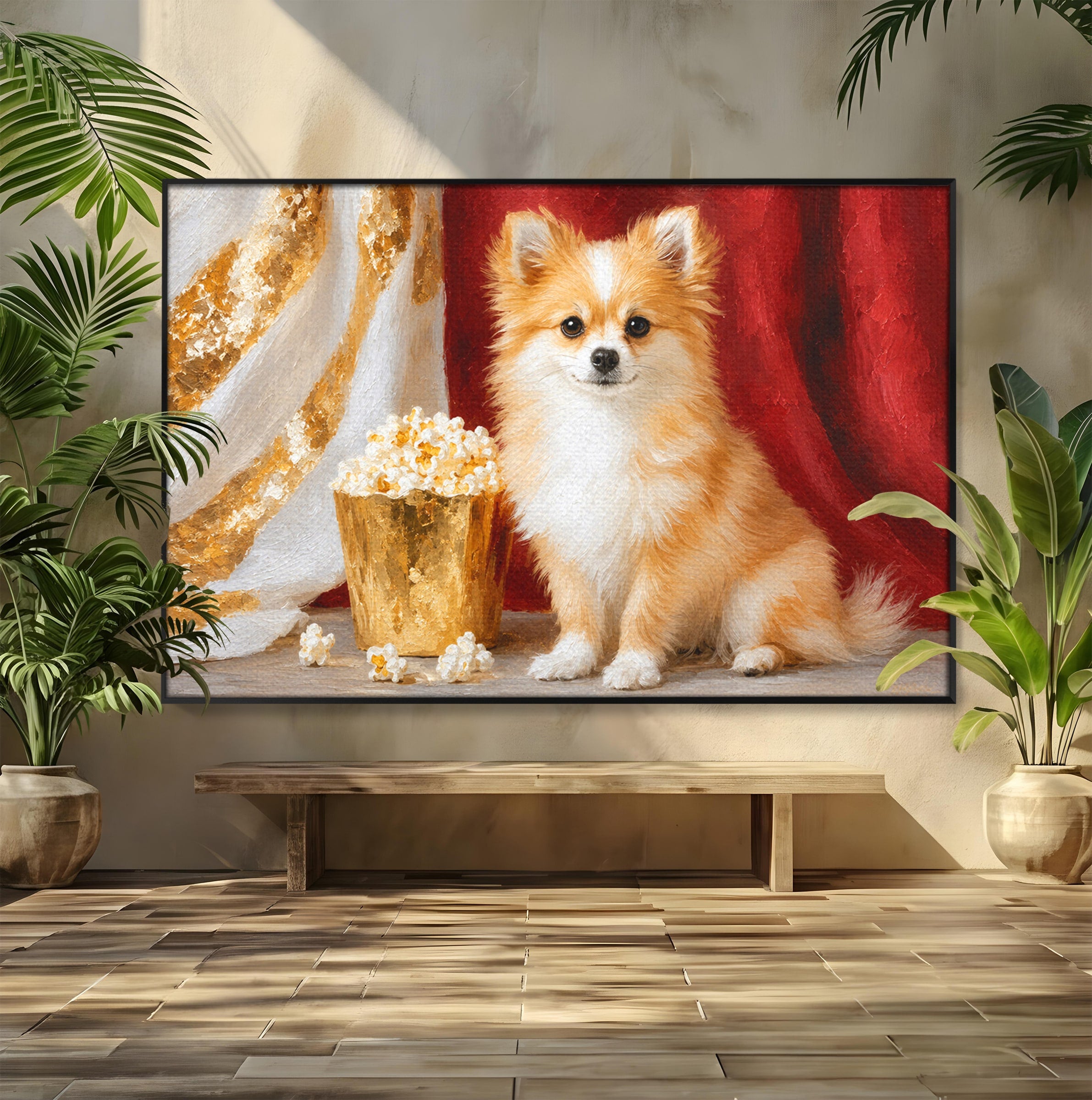 Tablou Canvas Premium LuxCanva® M1624, Catelus Cu Popcorn, Catelus, Popcorn, Animal, Living, Decorativ, Culori Vibrante