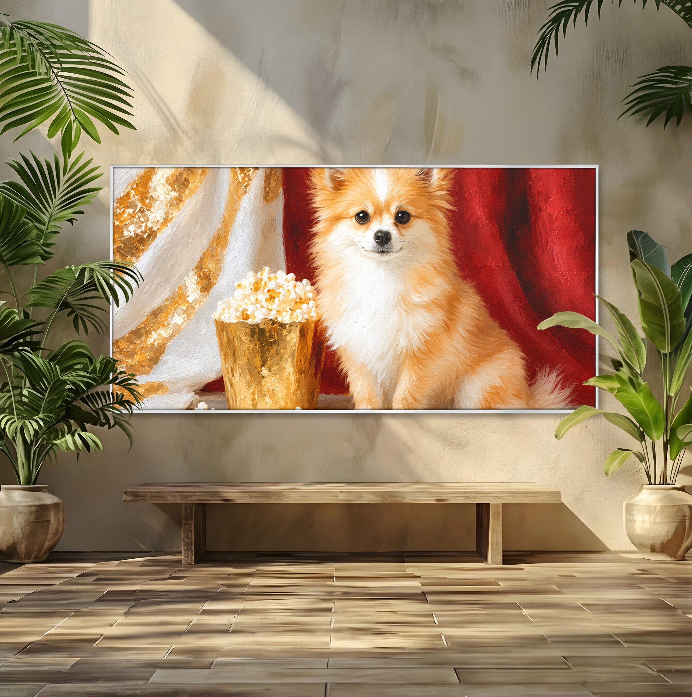 Tablou Canvas Premium LuxCanva® M1624, Catelus Cu Popcorn, Catelus, Popcorn, Animal, Living, Decorativ, Culori Vibrante