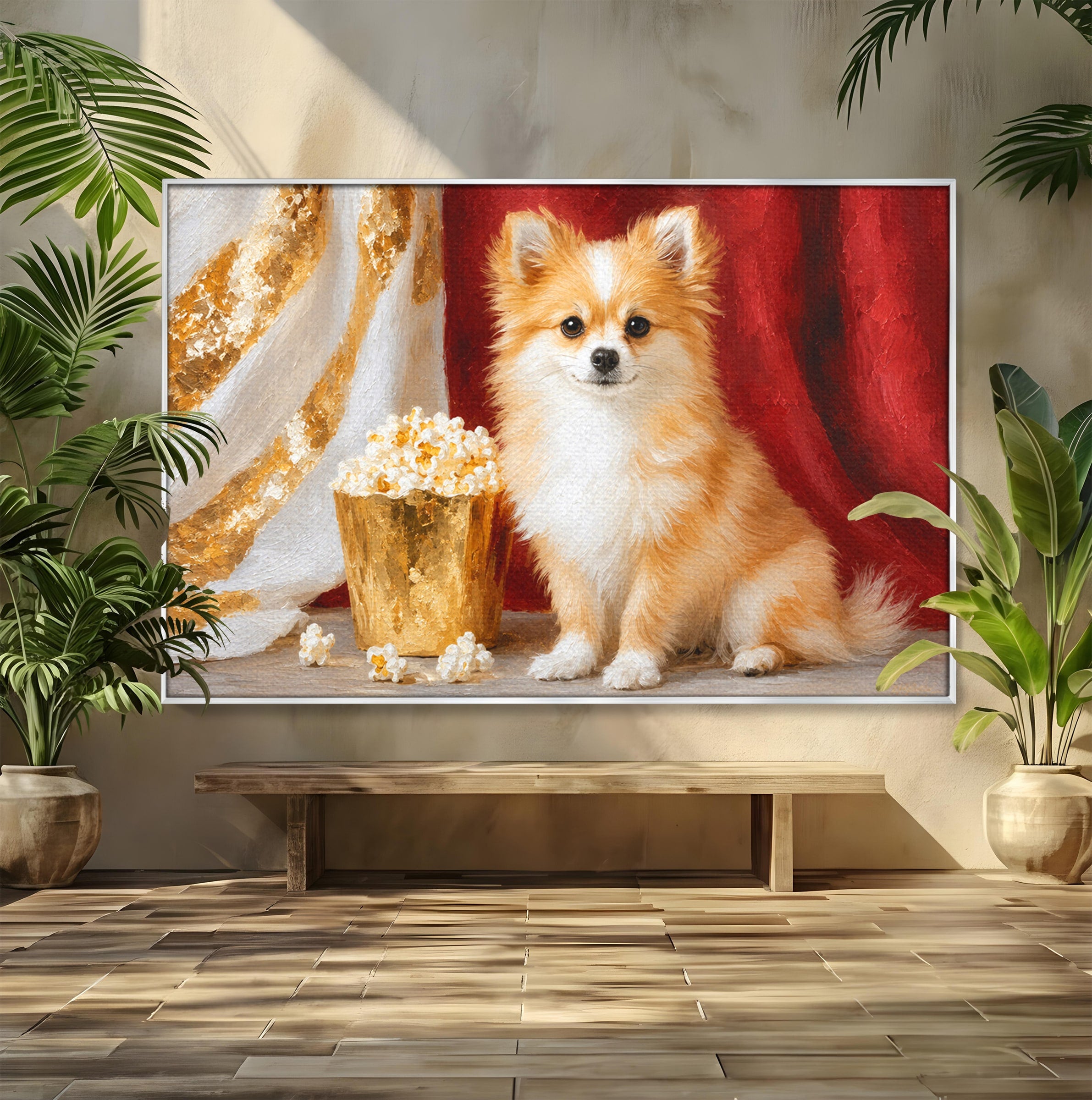 Tablou Canvas Premium LuxCanva® M1624, Catelus Cu Popcorn, Catelus, Popcorn, Animal, Living, Decorativ, Culori Vibrante