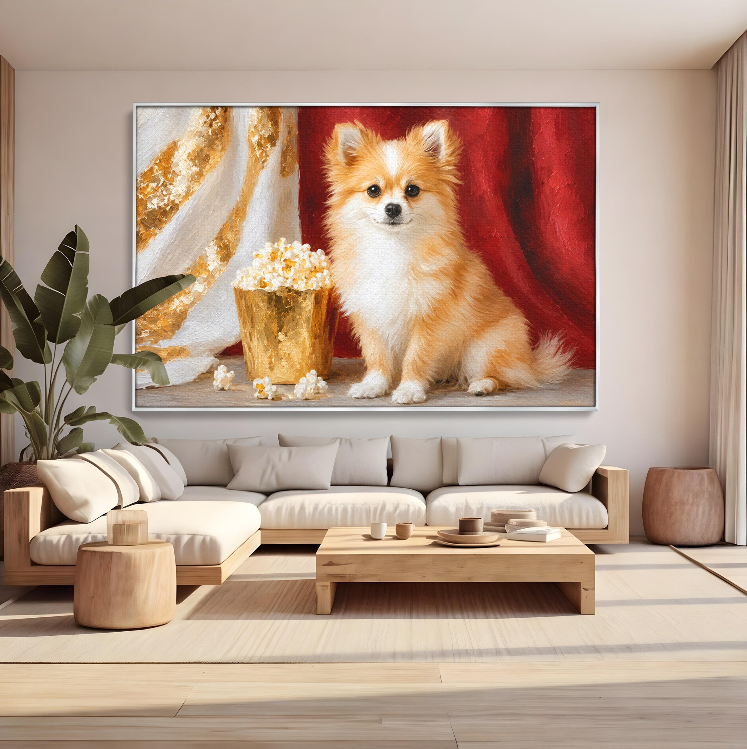 Tablou Canvas Premium LuxCanva® M1624, Catelus Cu Popcorn, Catelus, Popcorn, Animal, Living, Decorativ, Culori Vibrante