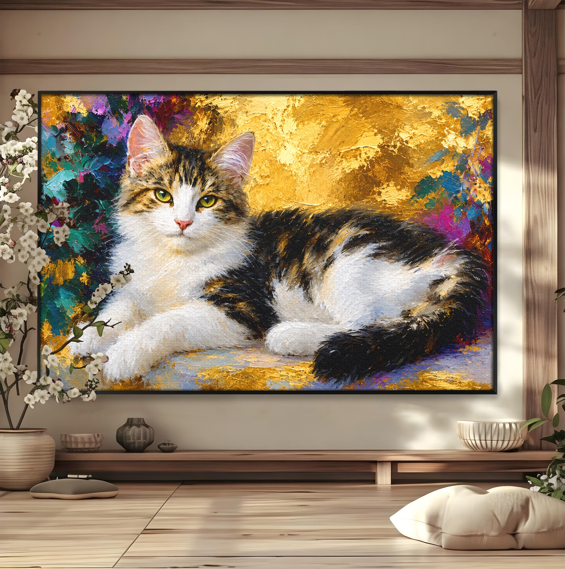 Tablou Canvas Premium LuxCanva® M1627, Pisica Eleganta, Pisica, Animale, Living, Natura, Relaxare, Culori Vibrante