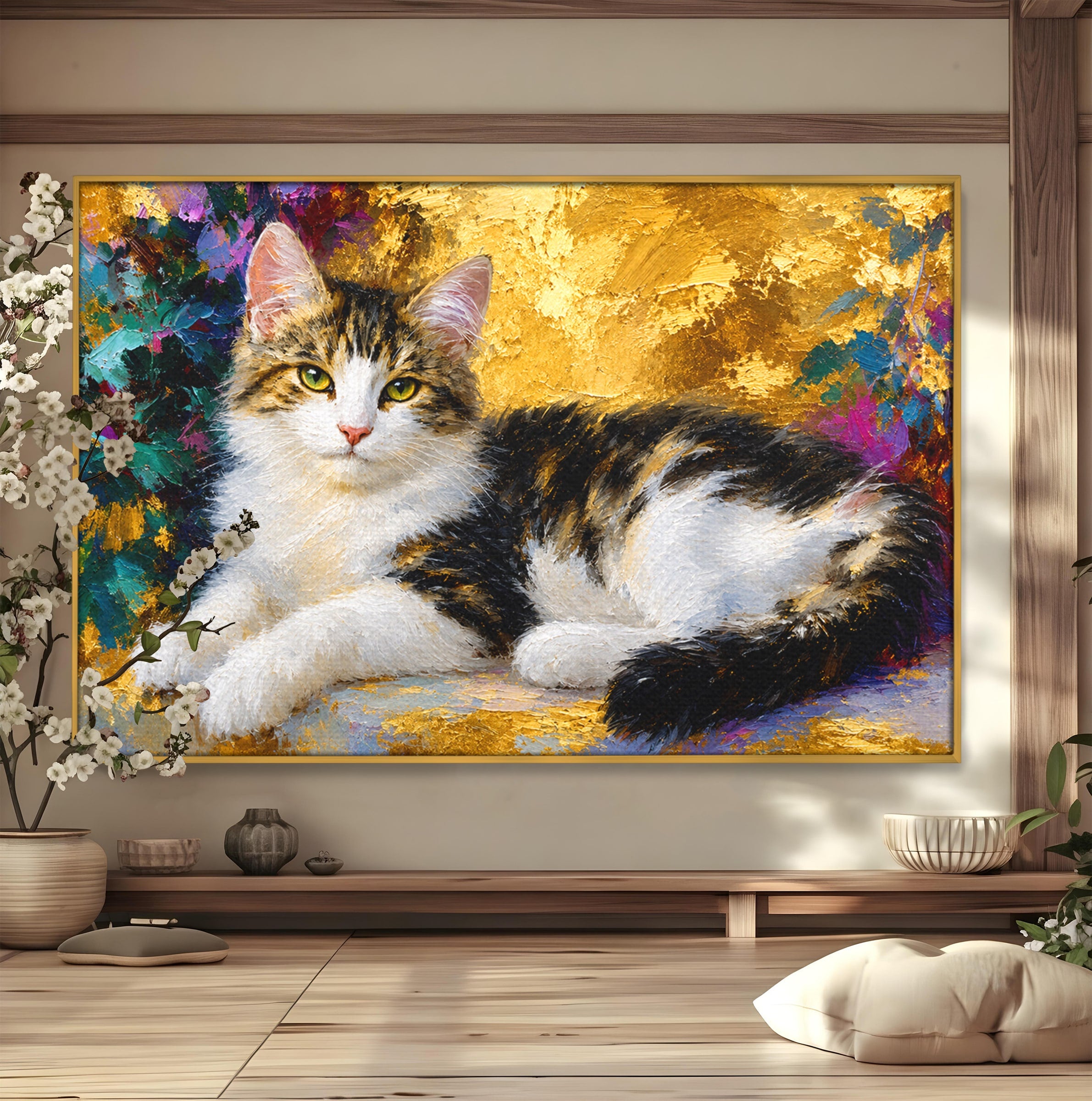 Tablou Canvas Premium LuxCanva® M1627, Pisica Eleganta, Pisica, Animale, Living, Natura, Relaxare, Culori Vibrante