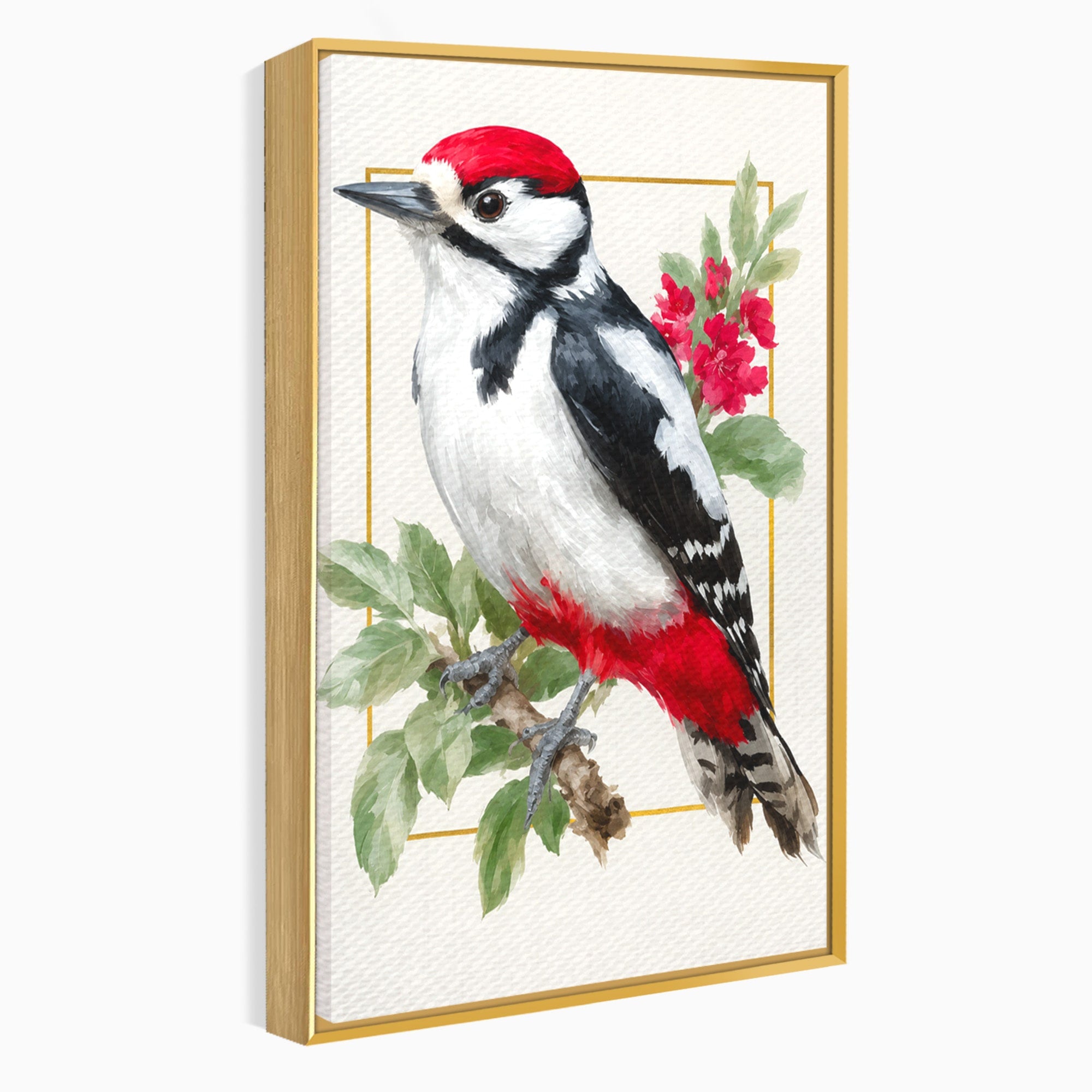 Tablou Canvas Premium LuxCanva® M1628, Ciocanitoare Pe Ramura, Ciocanitoare, Pasare, Natura, Botanic, Dormitor, Culori Vibrante