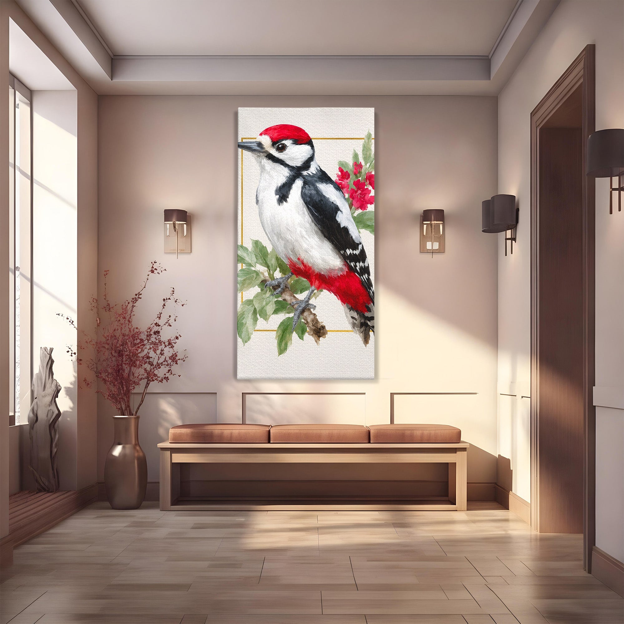 Tablou Canvas Premium LuxCanva® M1628, Ciocanitoare Pe Ramura, Ciocanitoare, Pasare, Natura, Botanic, Dormitor, Culori Vibrante