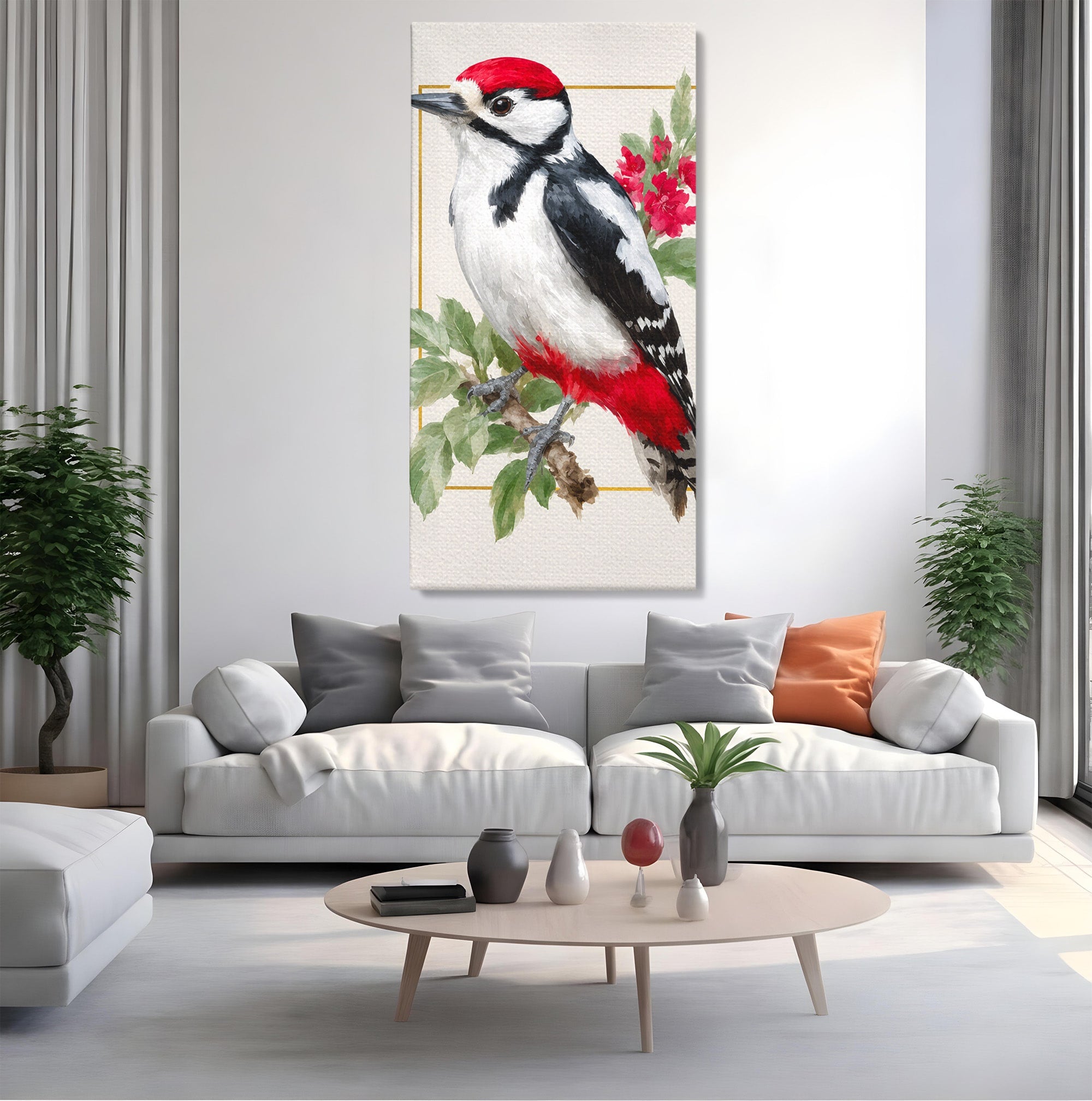 Tablou Canvas Premium LuxCanva® M1628, Ciocanitoare Pe Ramura, Ciocanitoare, Pasare, Natura, Botanic, Dormitor, Culori Vibrante