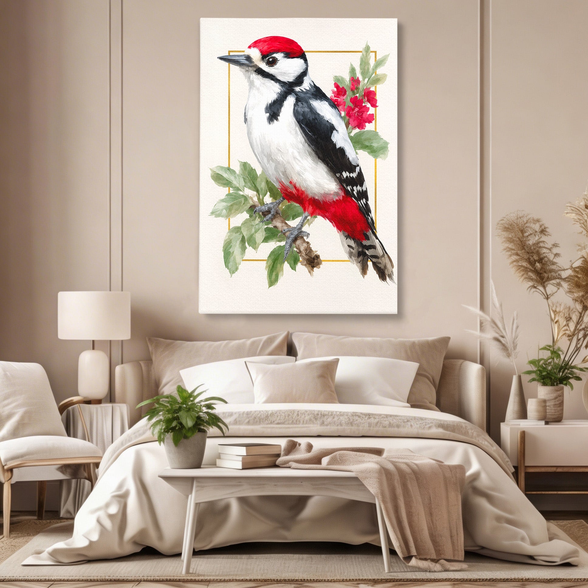 Tablou Canvas Premium LuxCanva® M1628, Ciocanitoare Pe Ramura, Ciocanitoare, Pasare, Natura, Botanic, Dormitor, Culori Vibrante