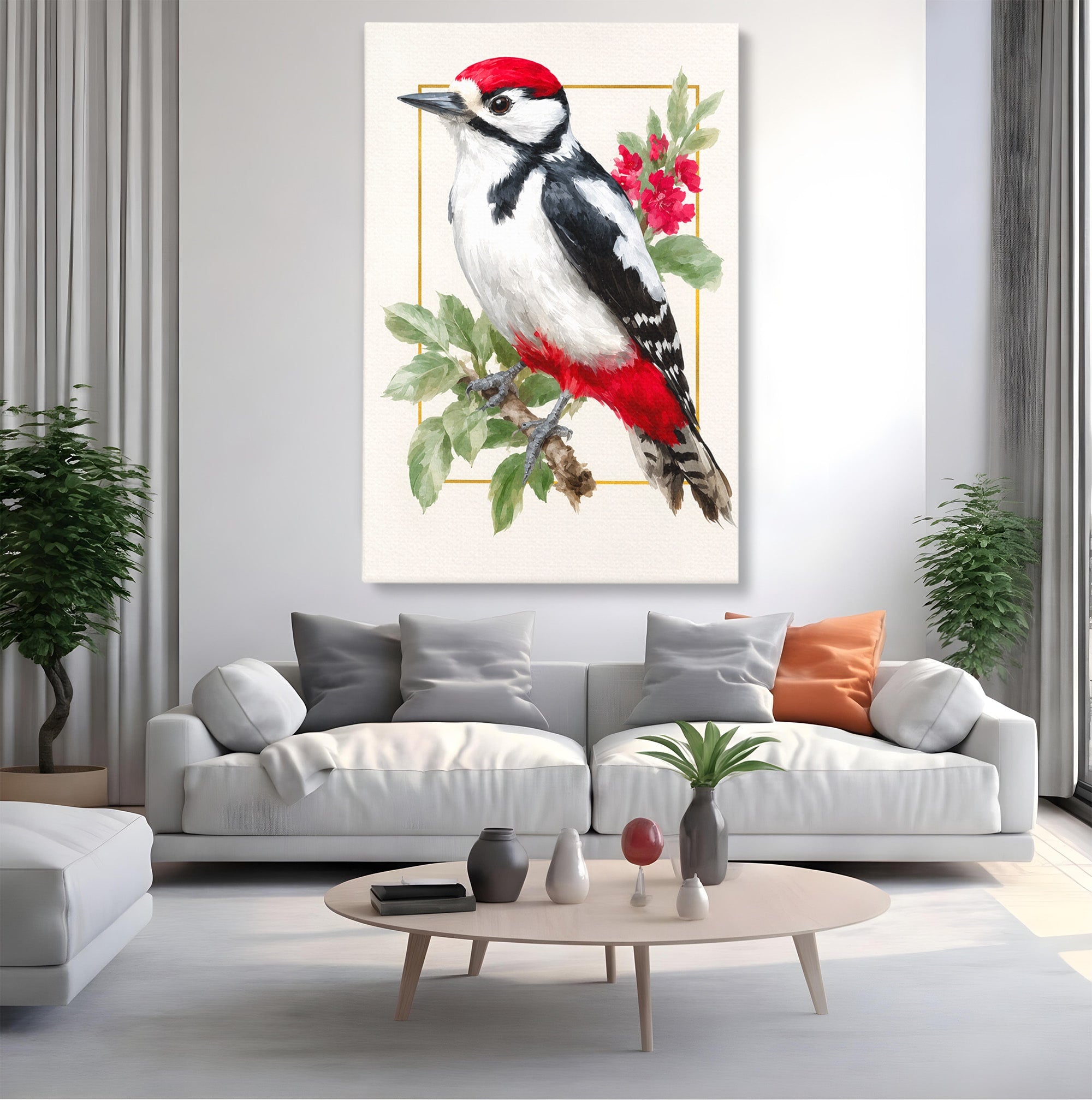 Tablou Canvas Premium LuxCanva® M1628, Ciocanitoare Pe Ramura, Ciocanitoare, Pasare, Natura, Botanic, Dormitor, Culori Vibrante