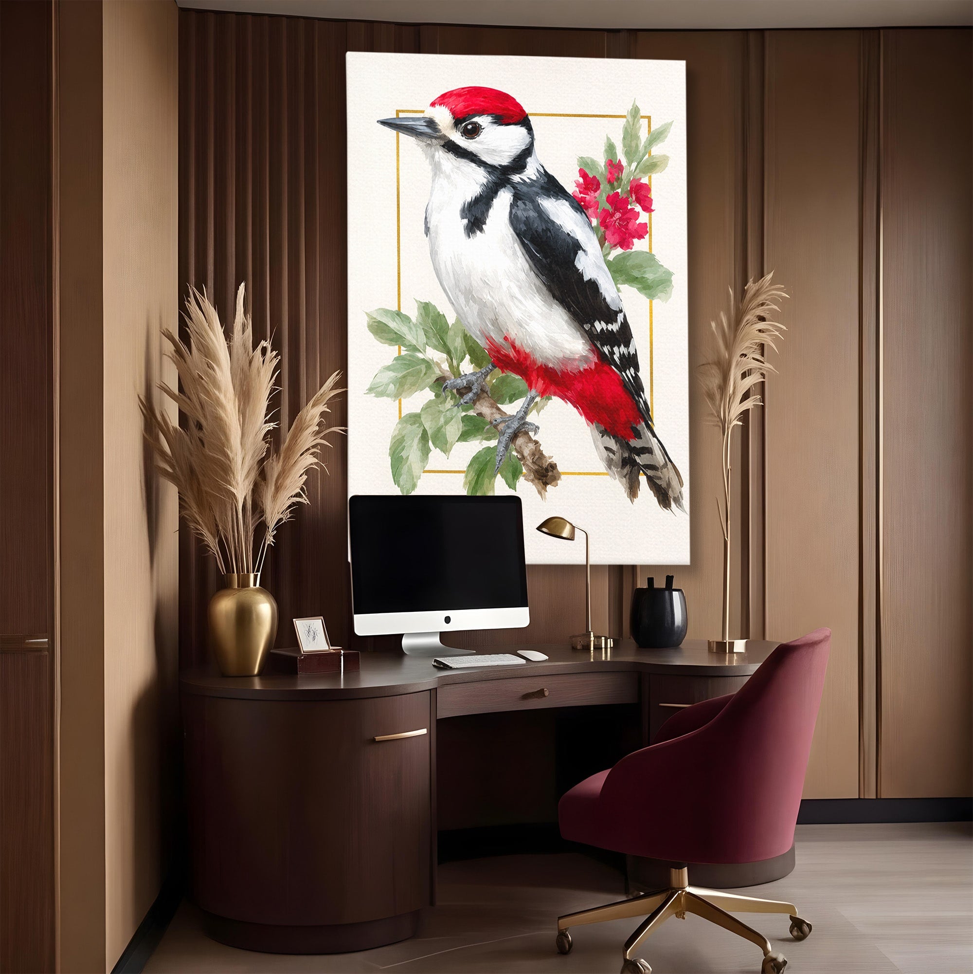 Tablou Canvas Premium LuxCanva® M1628, Ciocanitoare Pe Ramura, Ciocanitoare, Pasare, Natura, Botanic, Dormitor, Culori Vibrante