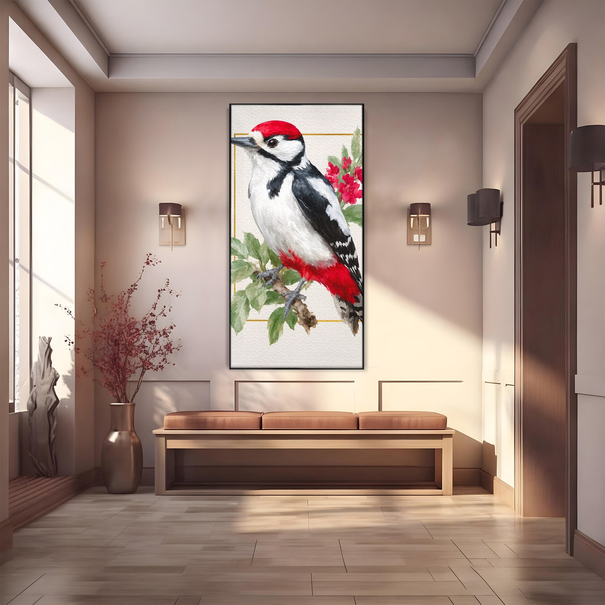 Tablou Canvas Premium LuxCanva® M1628, Ciocanitoare Pe Ramura, Ciocanitoare, Pasare, Natura, Botanic, Dormitor, Culori Vibrante