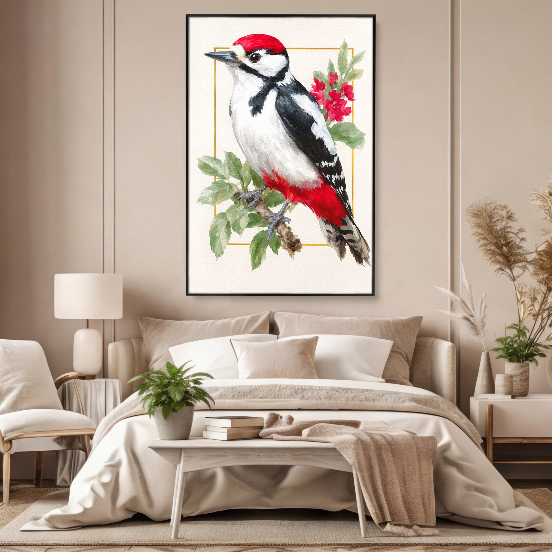 Tablou Canvas Premium LuxCanva® M1628, Ciocanitoare Pe Ramura, Ciocanitoare, Pasare, Natura, Botanic, Dormitor, Culori Vibrante