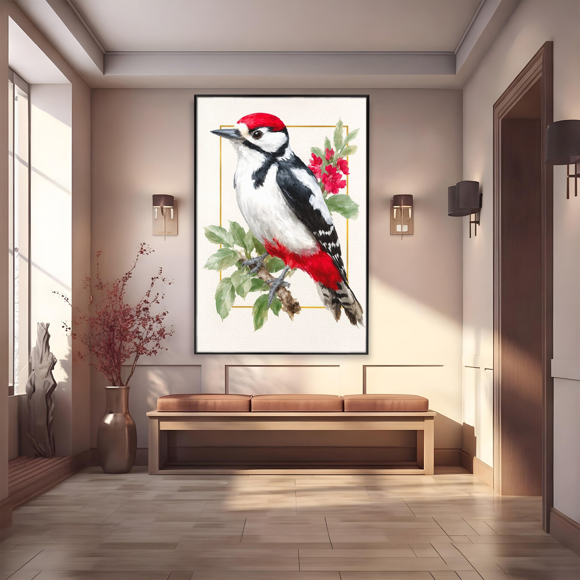 Tablou Canvas Premium LuxCanva® M1628, Ciocanitoare Pe Ramura, Ciocanitoare, Pasare, Natura, Botanic, Dormitor, Culori Vibrante