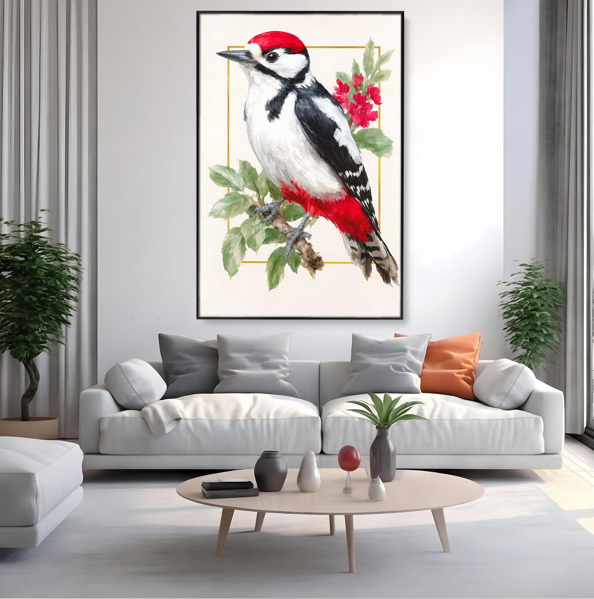 Tablou Canvas Premium LuxCanva® M1628, Ciocanitoare Pe Ramura, Ciocanitoare, Pasare, Natura, Botanic, Dormitor, Culori Vibrante