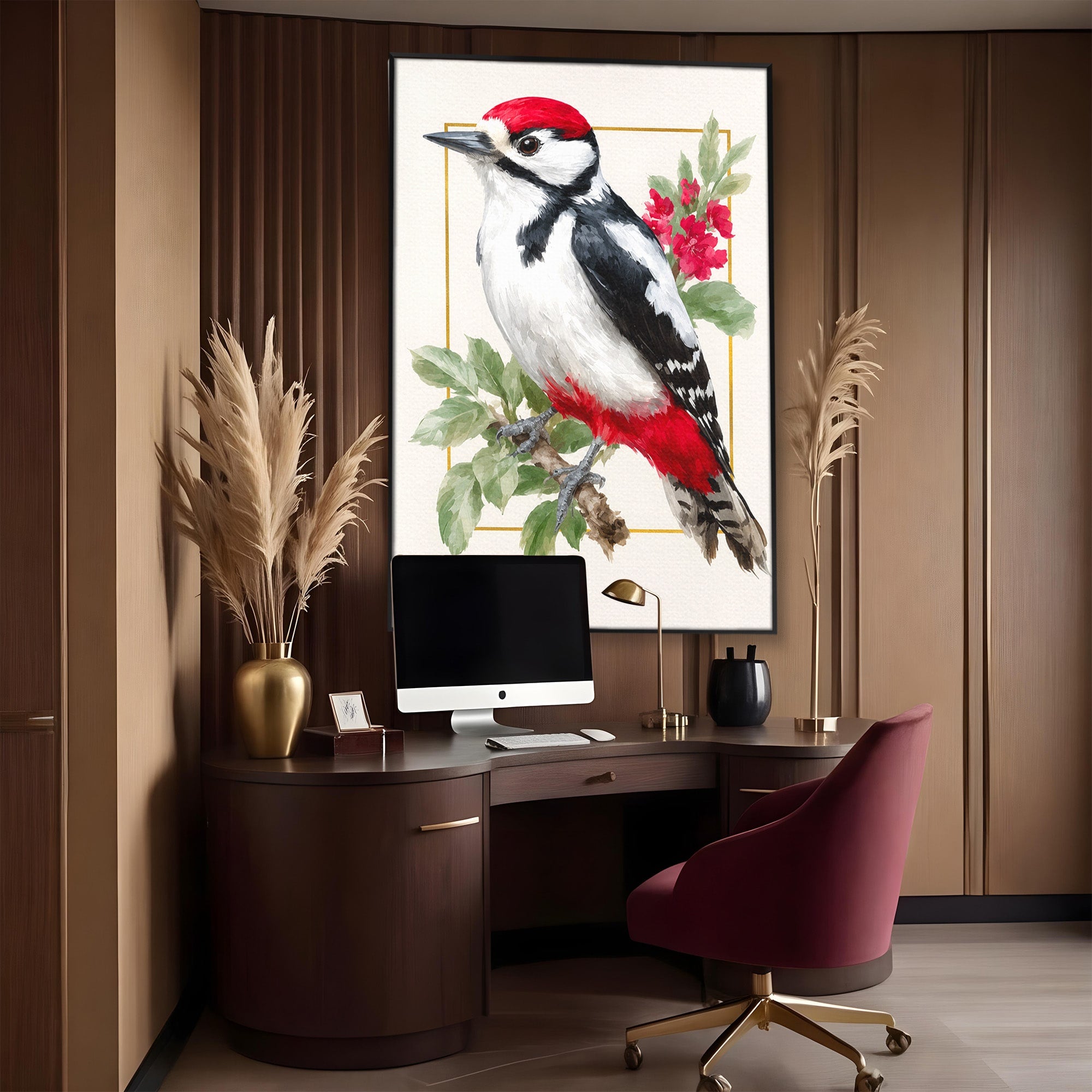 Tablou Canvas Premium LuxCanva® M1628, Ciocanitoare Pe Ramura, Ciocanitoare, Pasare, Natura, Botanic, Dormitor, Culori Vibrante