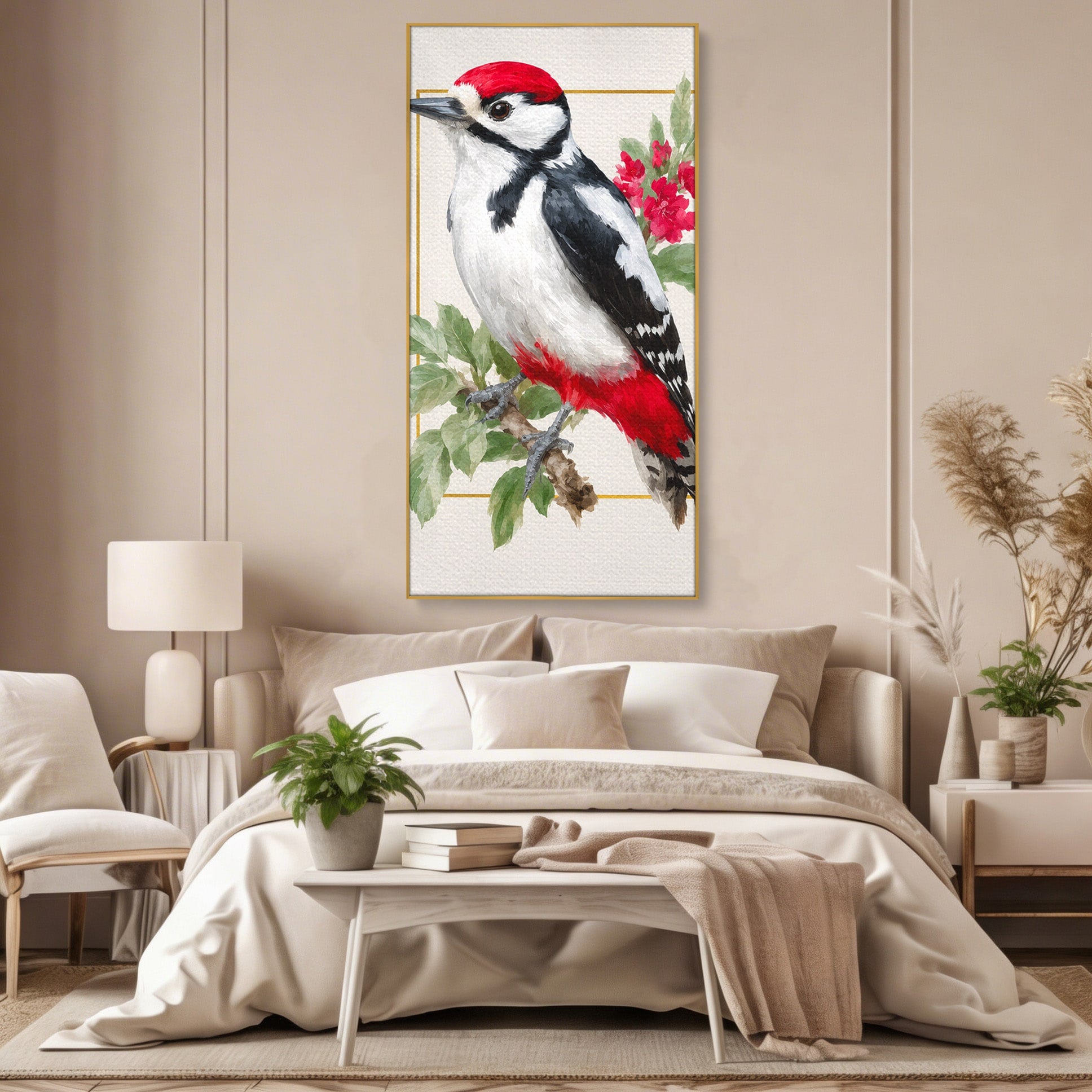 Tablou Canvas Premium LuxCanva® M1628, Ciocanitoare Pe Ramura, Ciocanitoare, Pasare, Natura, Botanic, Dormitor, Culori Vibrante