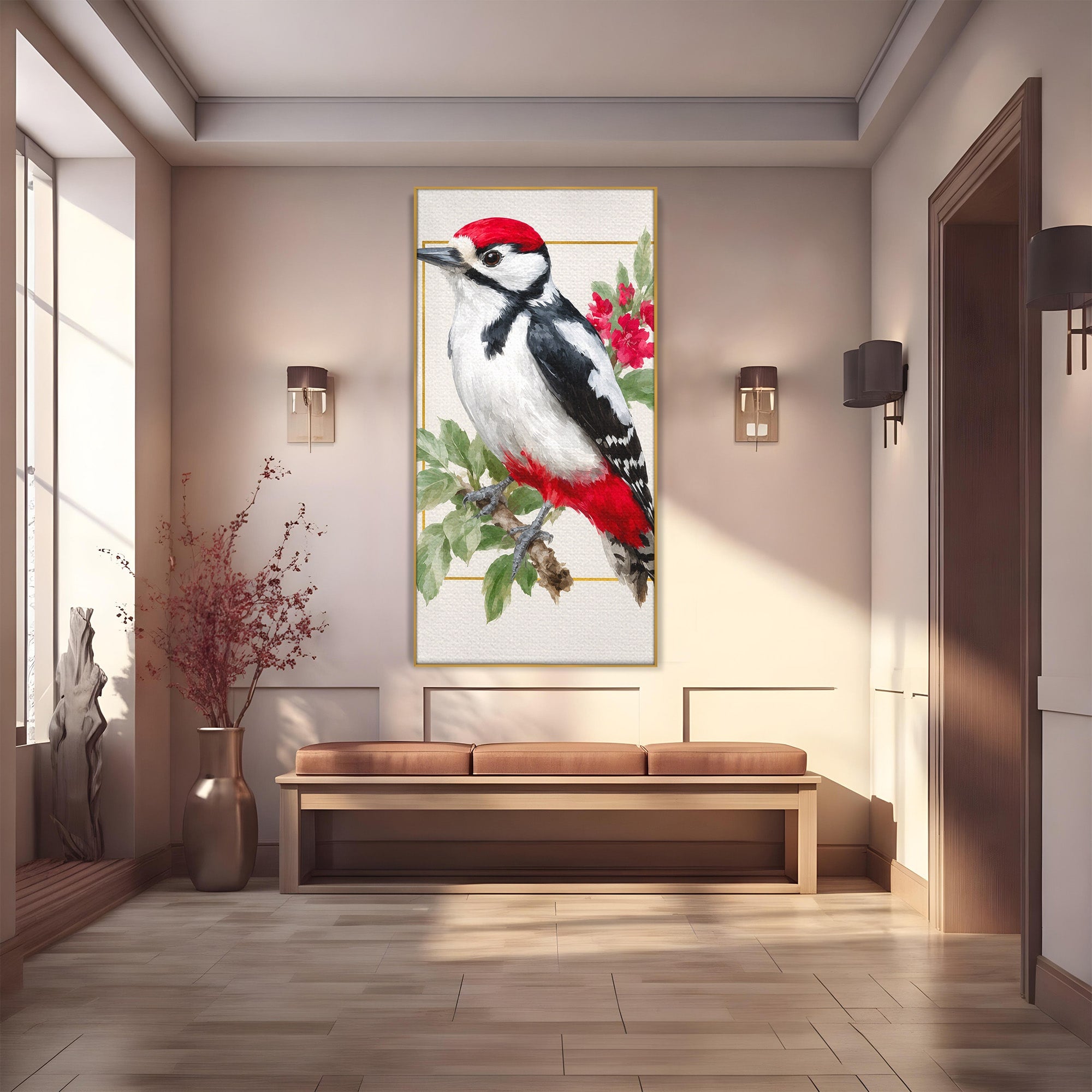 Tablou Canvas Premium LuxCanva® M1628, Ciocanitoare Pe Ramura, Ciocanitoare, Pasare, Natura, Botanic, Dormitor, Culori Vibrante