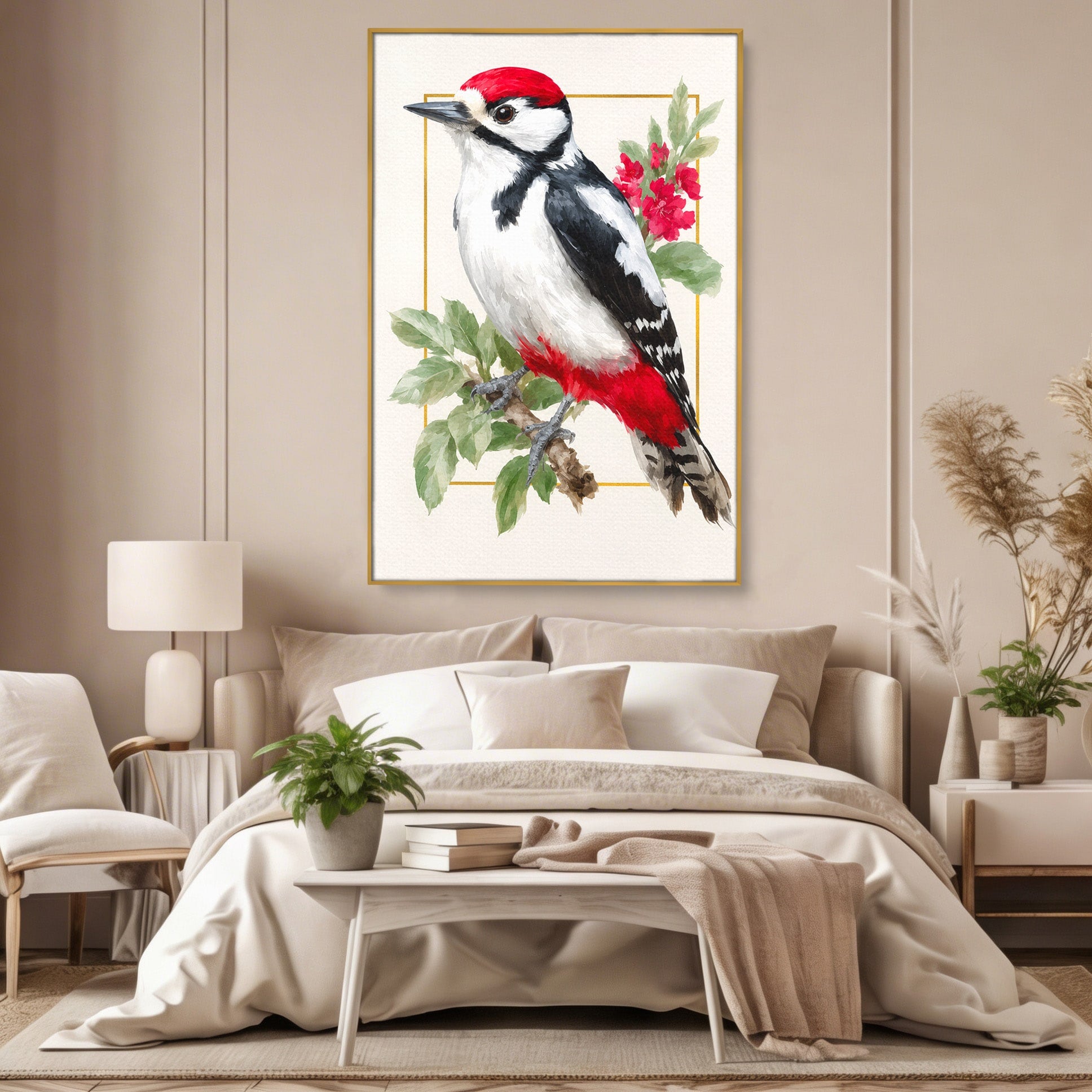 Tablou Canvas Premium LuxCanva® M1628, Ciocanitoare Pe Ramura, Ciocanitoare, Pasare, Natura, Botanic, Dormitor, Culori Vibrante